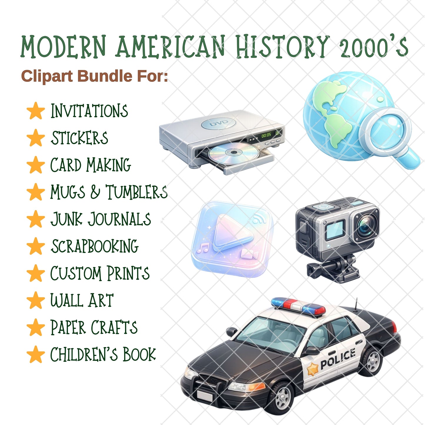 Modern American History 3D Clipart PNG Bundle – 54 Early 2000s Technology & Culture Graphics for Classroom