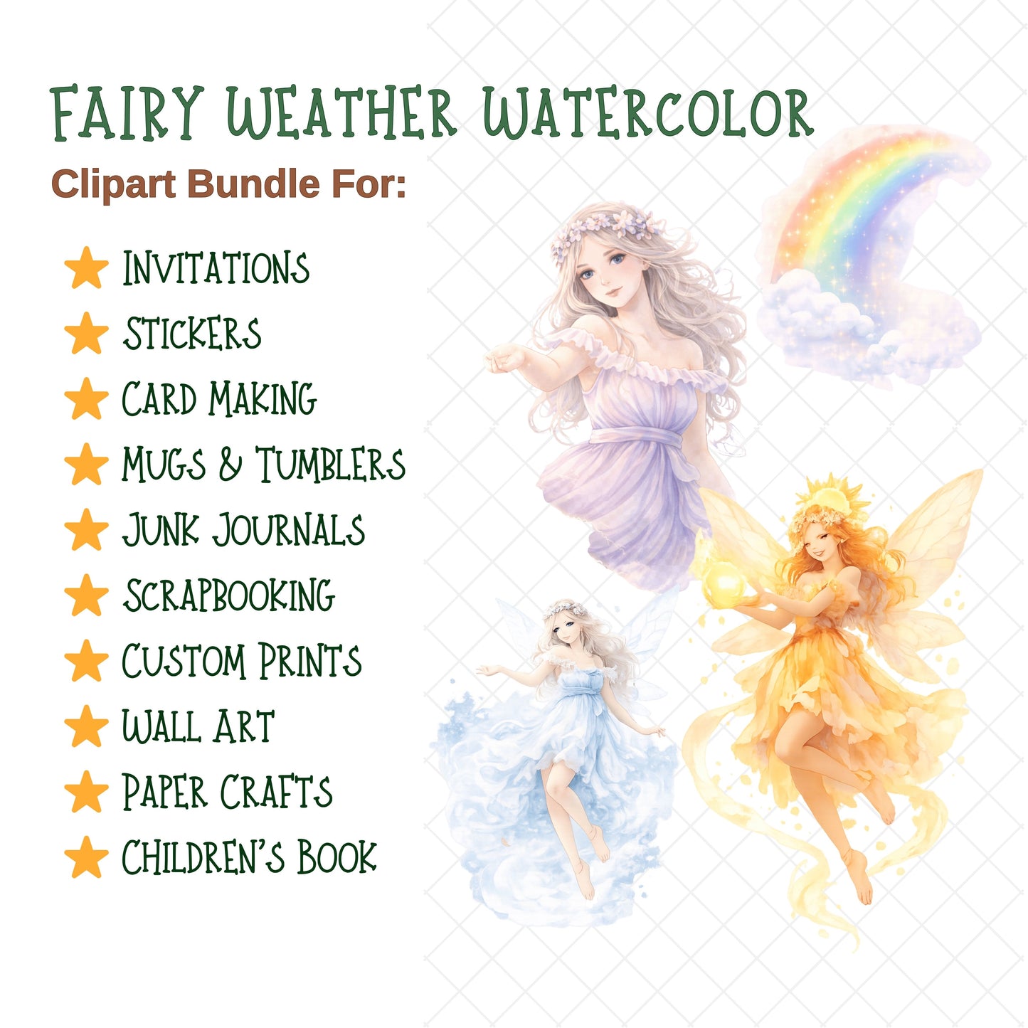 Fairy Weather Clipart – Watercolor Fairy PNG Bundle (48 Files) – Magical Fantasy Art, Rain Sun Snow Rainbow Graphics