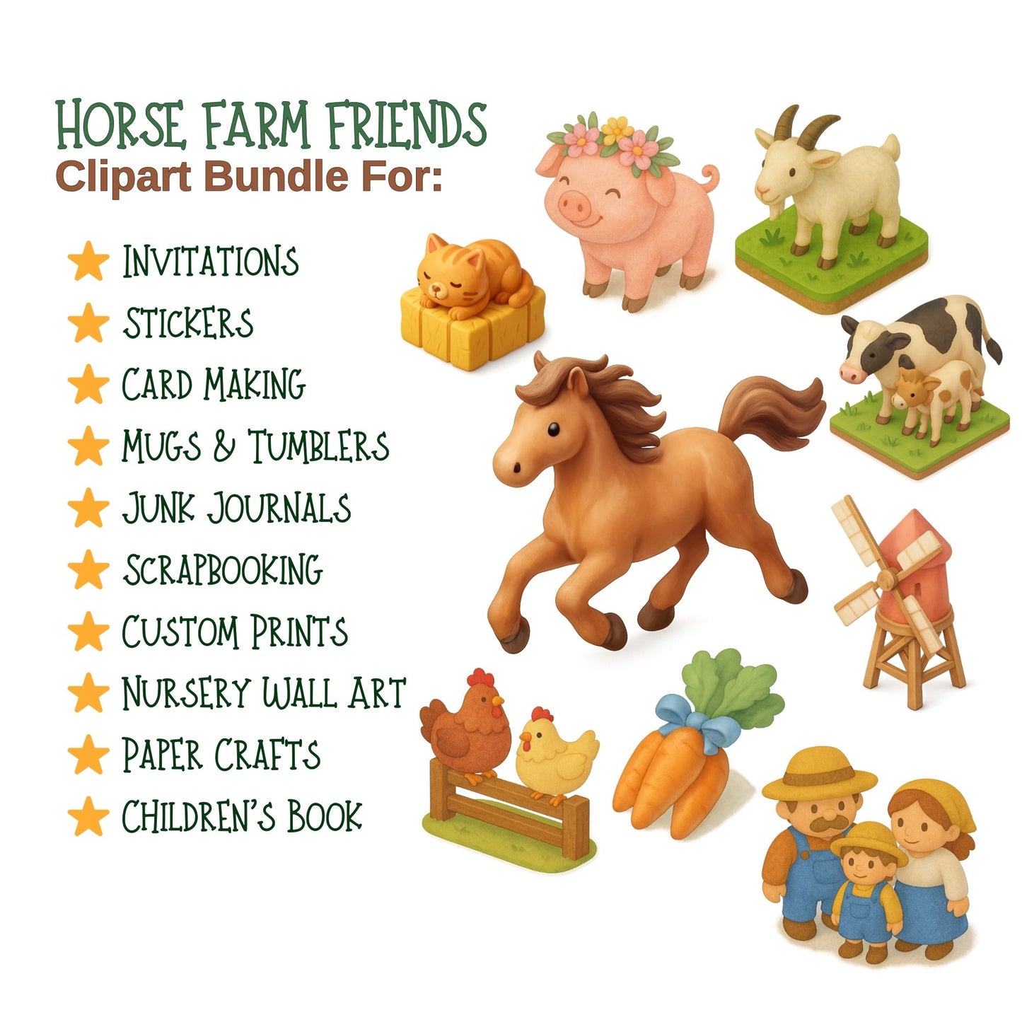 Horse Farm PNG Bundle – 54 Cute Farm Animal Clipart | Horses, Barn, Tractor, Farmer