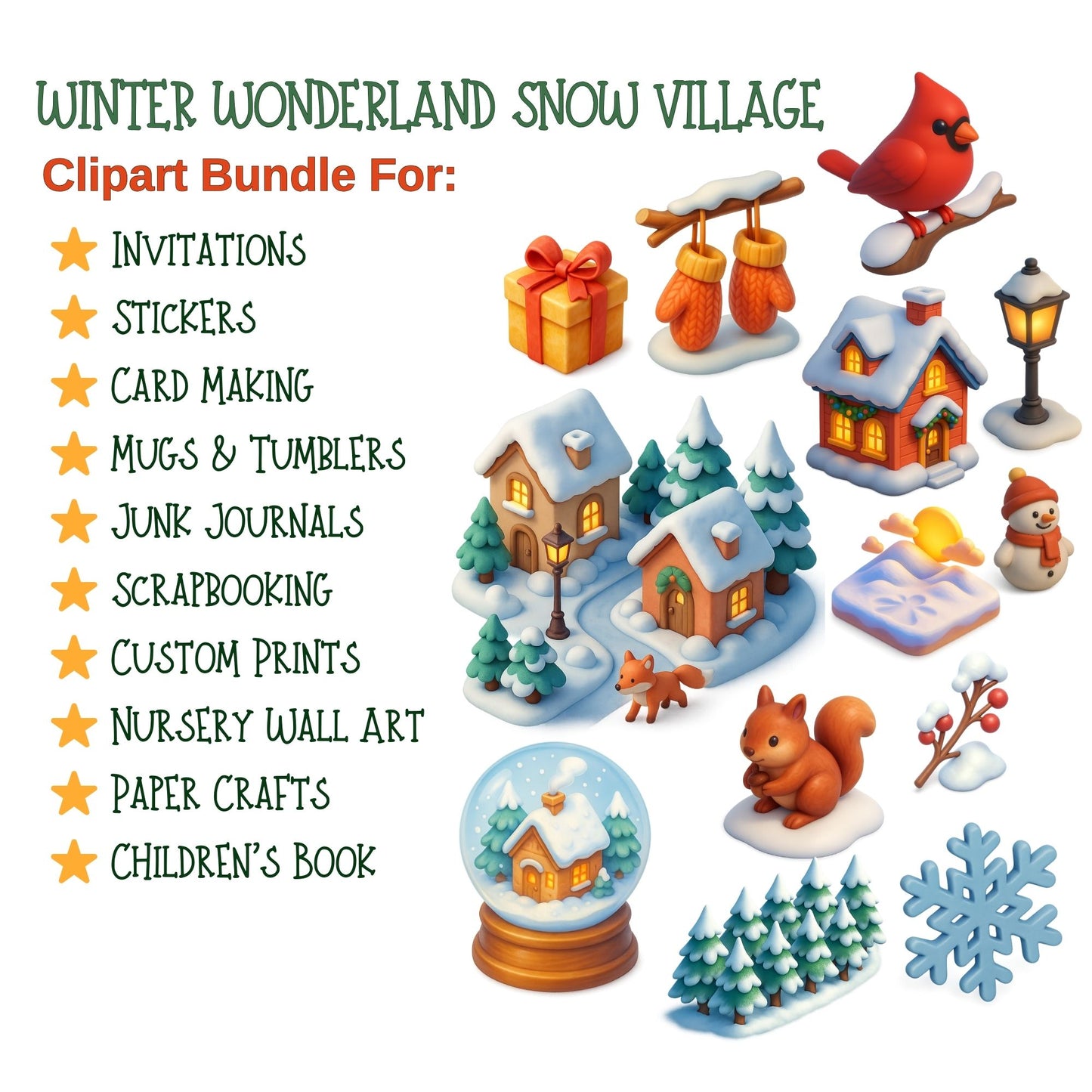 Winter Wonderland Clipart – Cozy Snow Village PNG Bundle (54 Files) | Christmas Winter Town Art