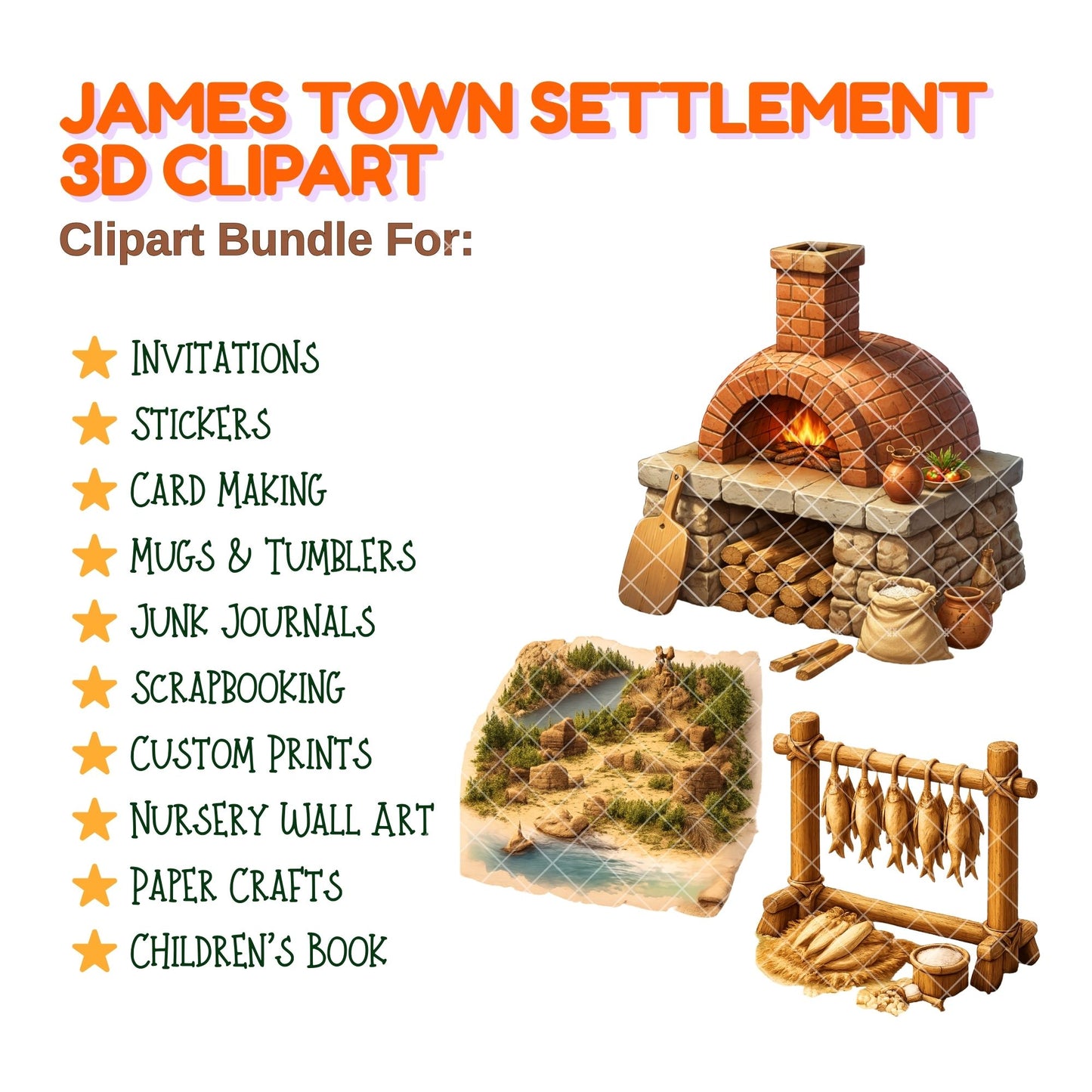 Jamestown Settlement Clipart – 50 Colonial America PNG Files – Pilgrim Village, Fort & Early Colony Graphics