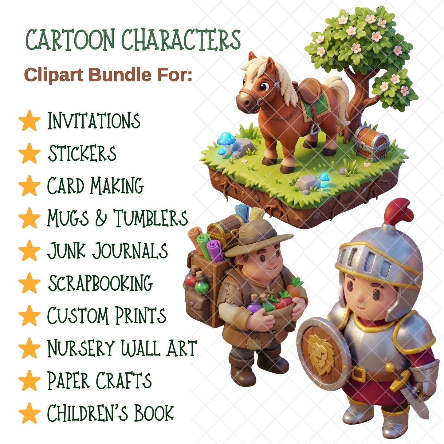 Cartoon Fantasy Characters 3D Clipart PNG Bundle – 50 Wizards, Dragons, Knights & Kids for Storytelling