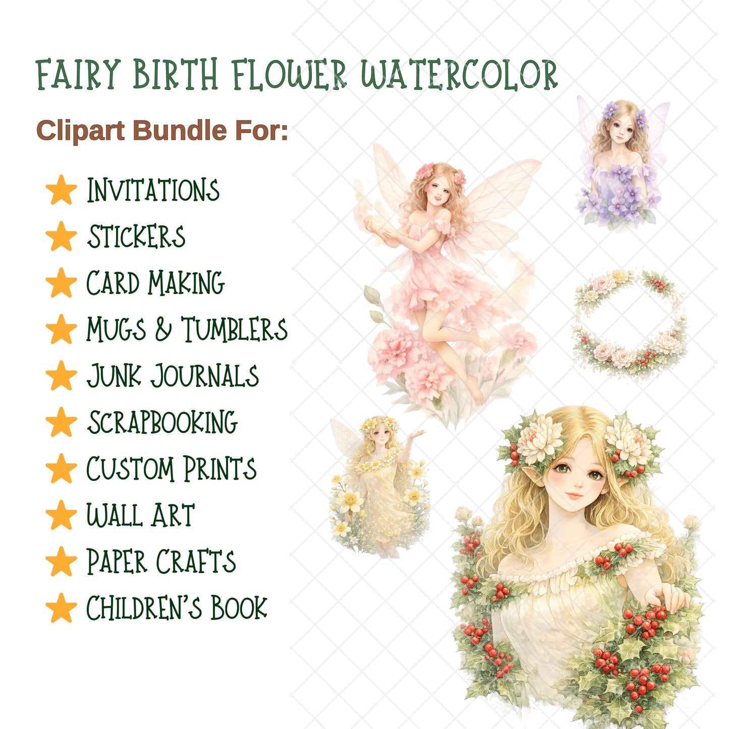 Birth Flower Fairy Clipart – 54 Watercolor PNGs for All 12 Months – Zodiac Floral Fairies, Birthday & Nursery Art