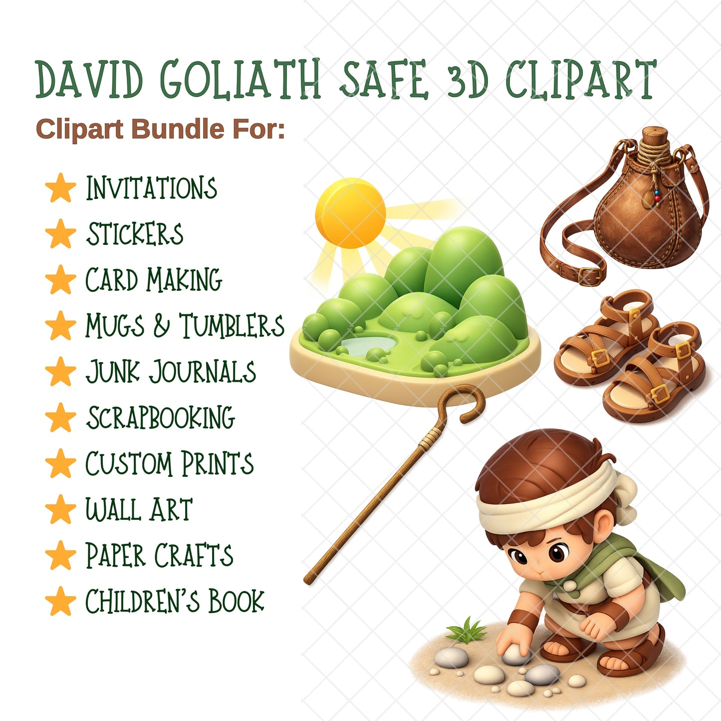 David and Goliath 3D Clipart PNG Bundle – 57 Bible Story Graphics for Sunday School & Kids Ministry