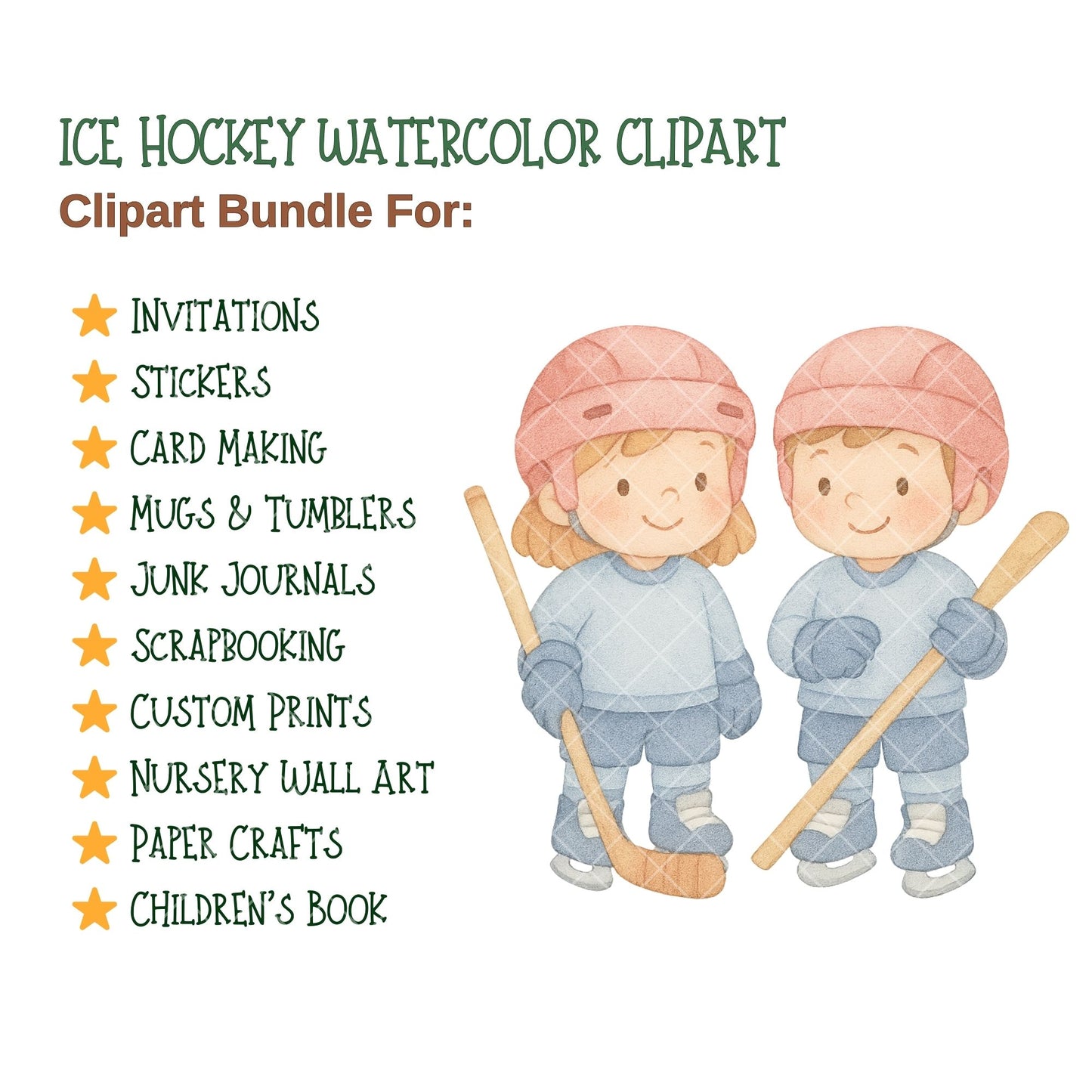 Ice Hockey Watercolor Clipart, Kids Hockey PNG Bundle, Cute Sports Illustrations, Pastel Hockey Players & Gear