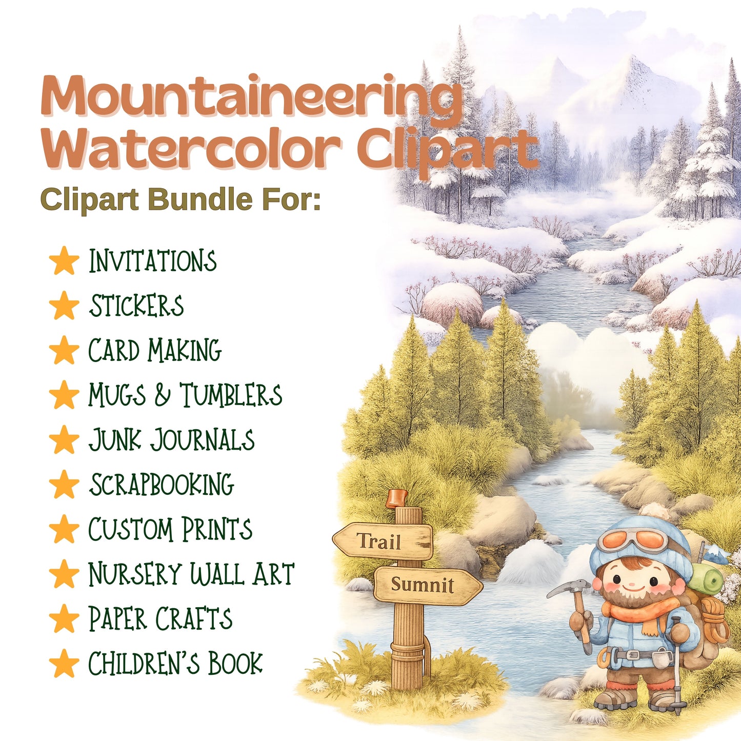 Mountaineering Watercolor Clipart Bundle – Hiking & Camping Adventure PNG, Mountain Nature Art for Journals, Scrapbooks & Travel, 50 PNG