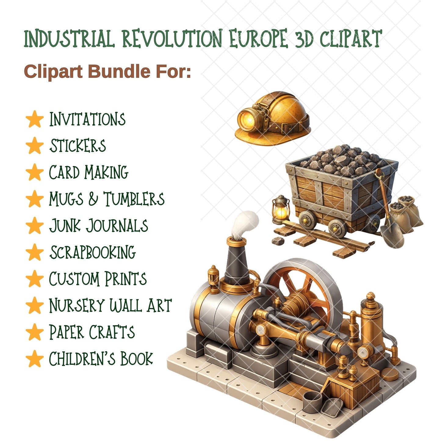 Industrial Revolution Clipart – 55 3D PNG Files – Steam Engine, Vintage Machinery & History Classroom Graphics