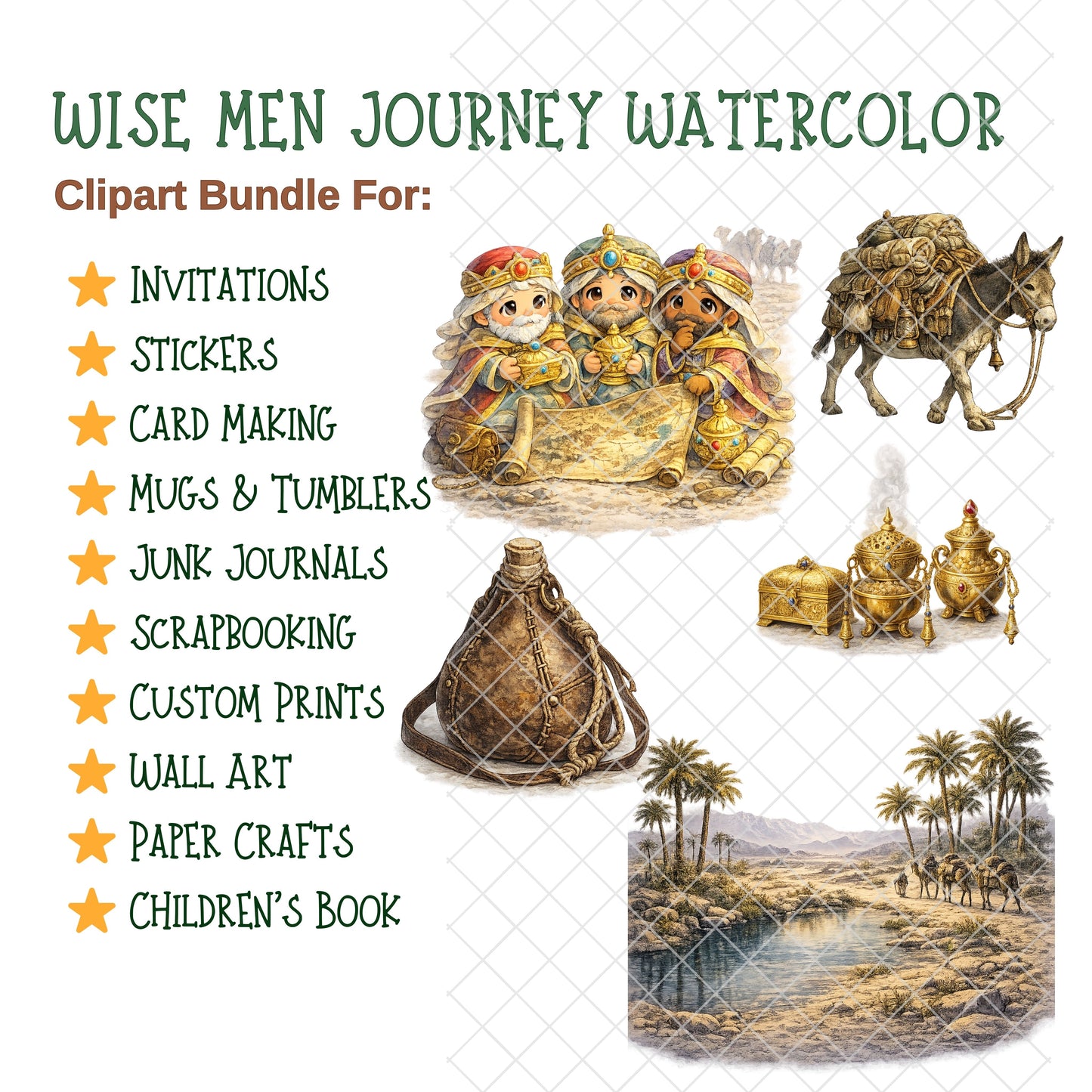 Wise Men Journey Watercolor Clipart PNG Bundle – 60 Nativity Graphics, Three Kings, Camels & Christmas Bible Art