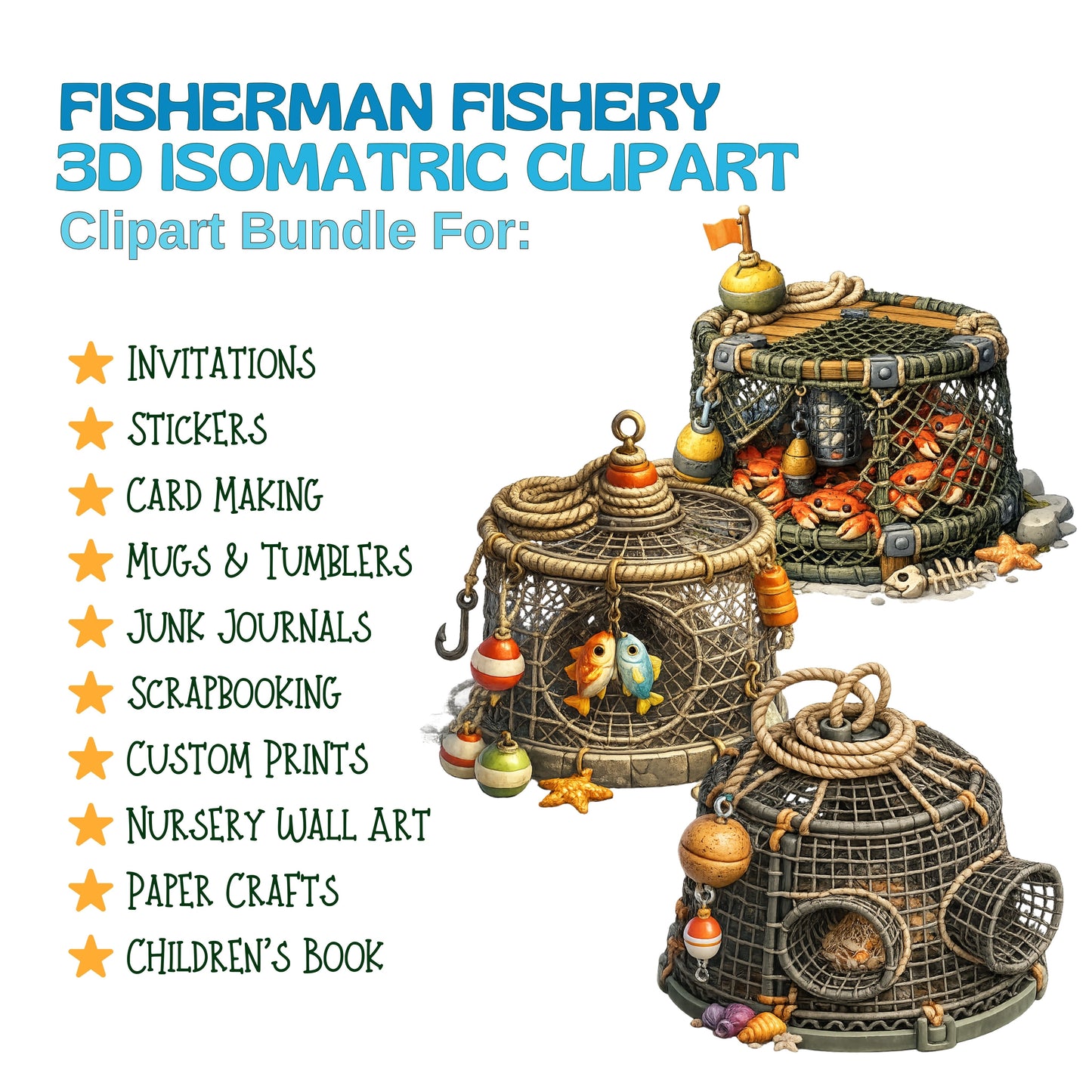 Fisherman Clipart Bundle – 3D Isometric Fishing Village PNGs (44 Files) – Nautical Boats, Docks & Coastal Graphics