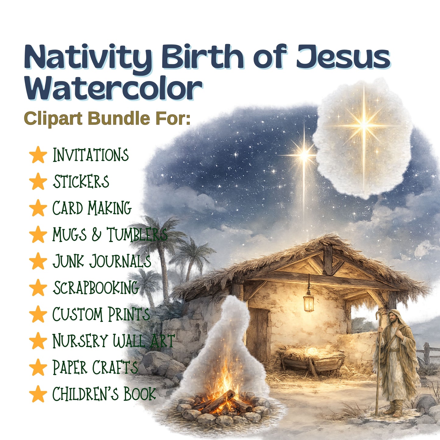 Nativity Clipart – 60 Birth of Jesus PNG Files – Christmas Bible Story Watercolor Graphics