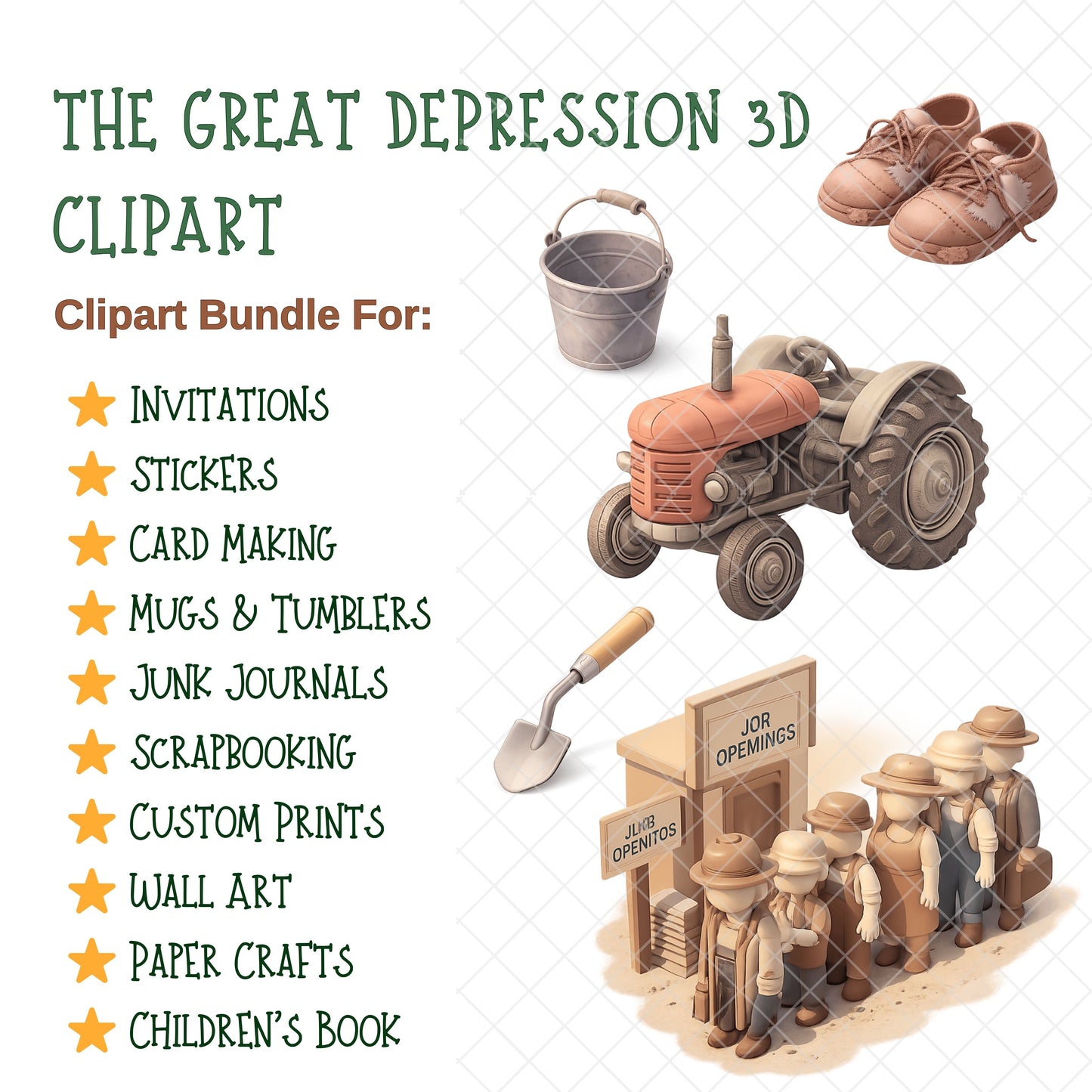 Great Depression 3D Clipart PNG Bundle – 55 Historical 1930s Graphics for History Class & Homeschool Lessons