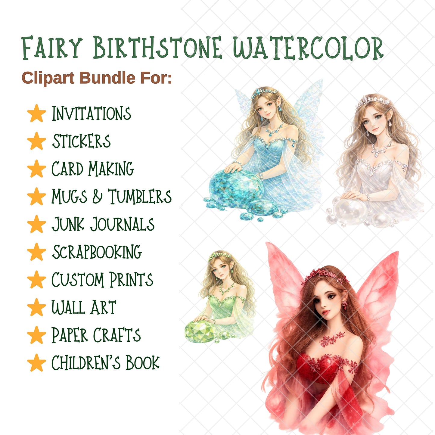 Birthstone Fairy Clipart – 55 Watercolor PNGs for 12 Gemstones – Zodiac Fairy Art, Birthday & Spiritual Graphics