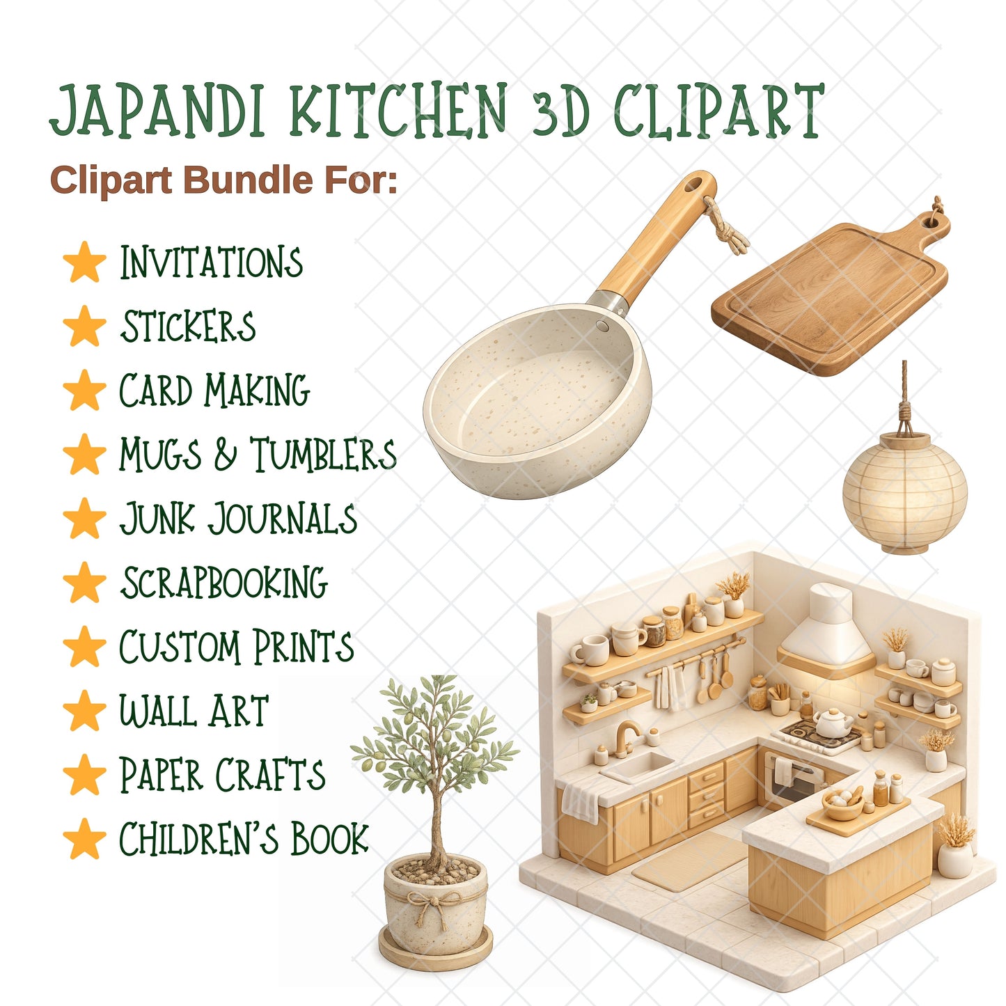 Japandi Kitchen Clipart Bundle | Minimalist Kitchen PNG | 3D Cooking Decor Graphics | Neutral Aesthetic Utensils, Tea Set, Pantry Clipart