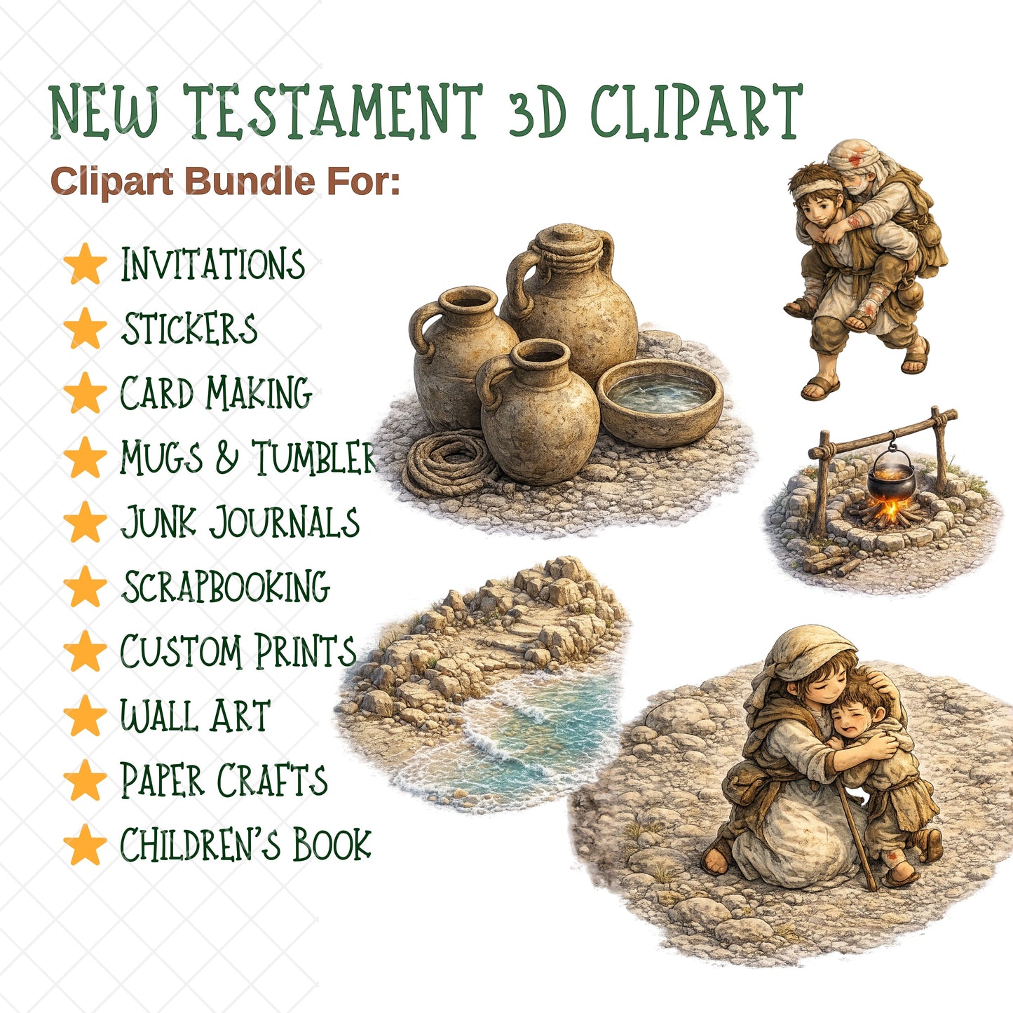 New Testament 3D Clipart Set – 65 Bible Story PNGs of Jesus, Miracles & Disciples for Teaching