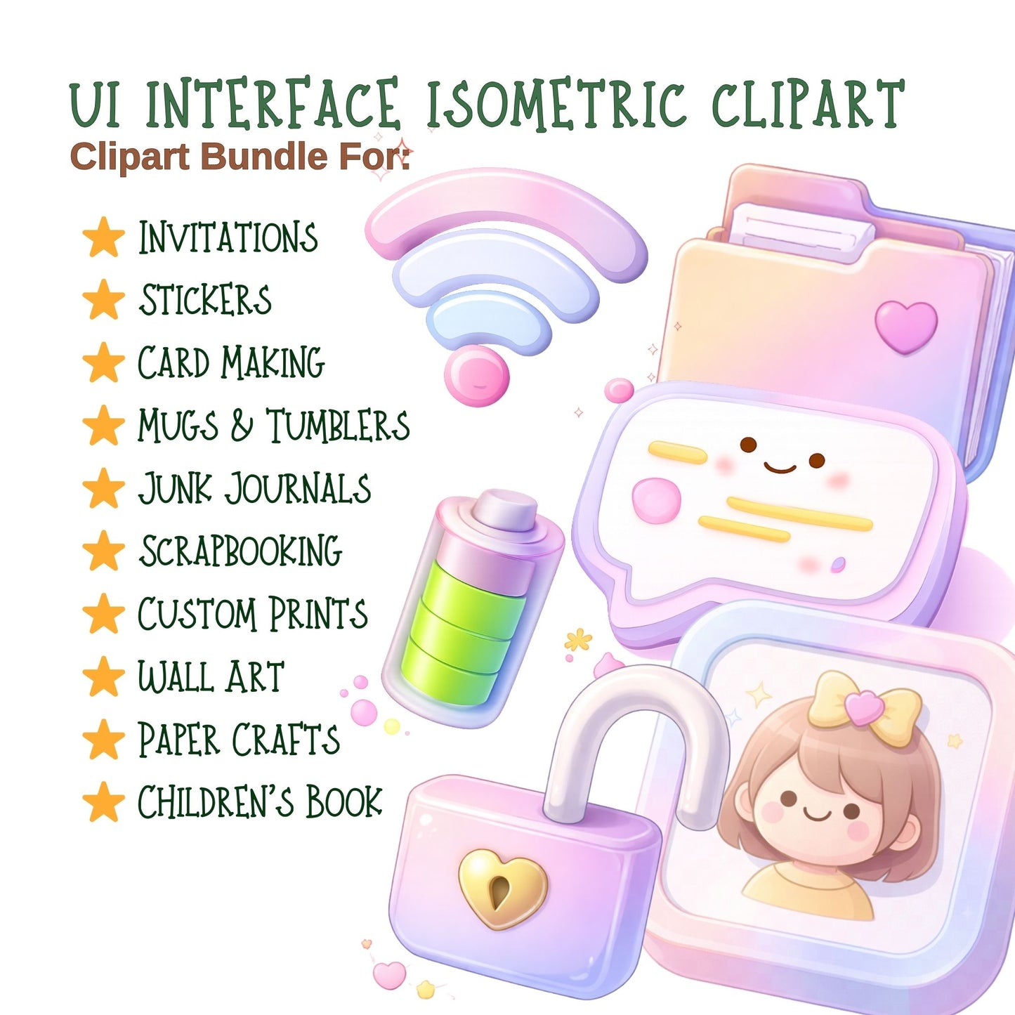 Pastel UI Interface Clipart – 3D Buttons & Icons PNG Bundle (50 Files) – Cute Isometric App Icons, Dashboard Elements, UX Design Graphics