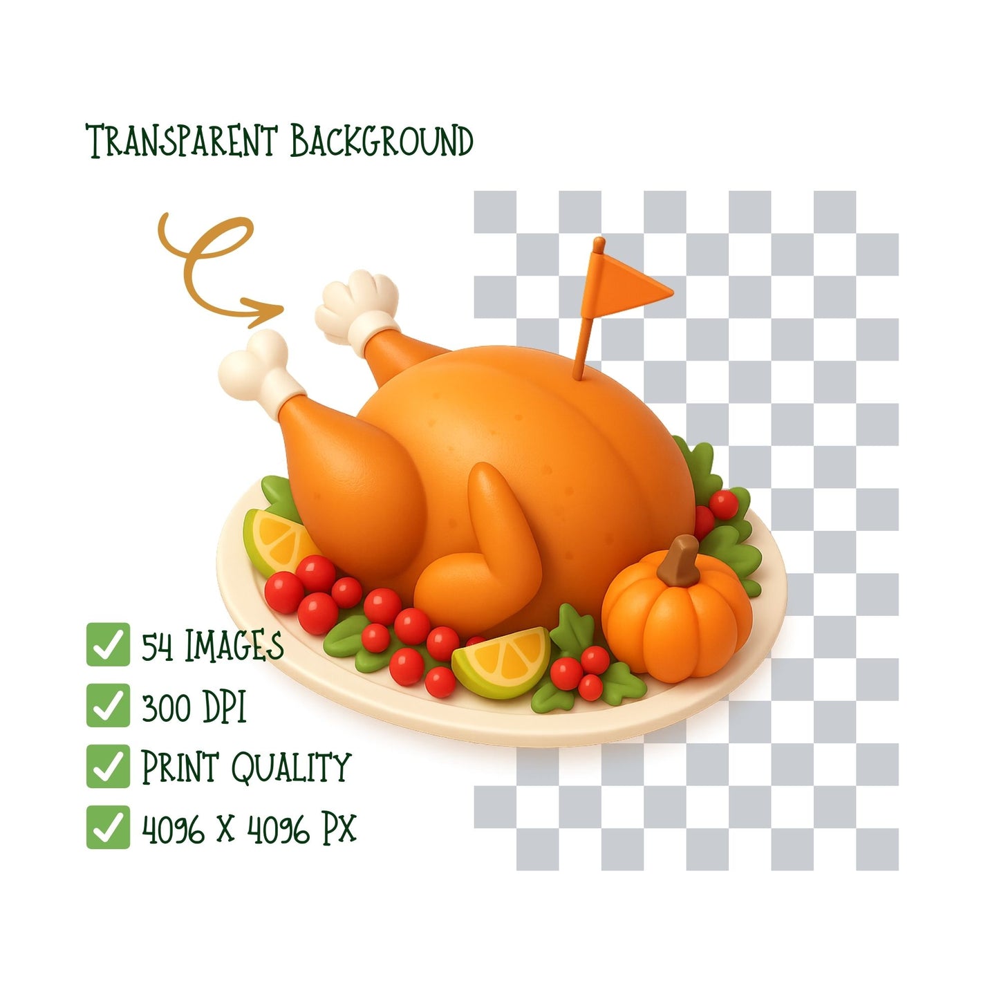 Thanksgiving Feast Clipart Bundle – 3D Autumn Food PNG Set, Fall Dinner Illustrations, Thanksgiving Food Clipart, 54 PNG Files