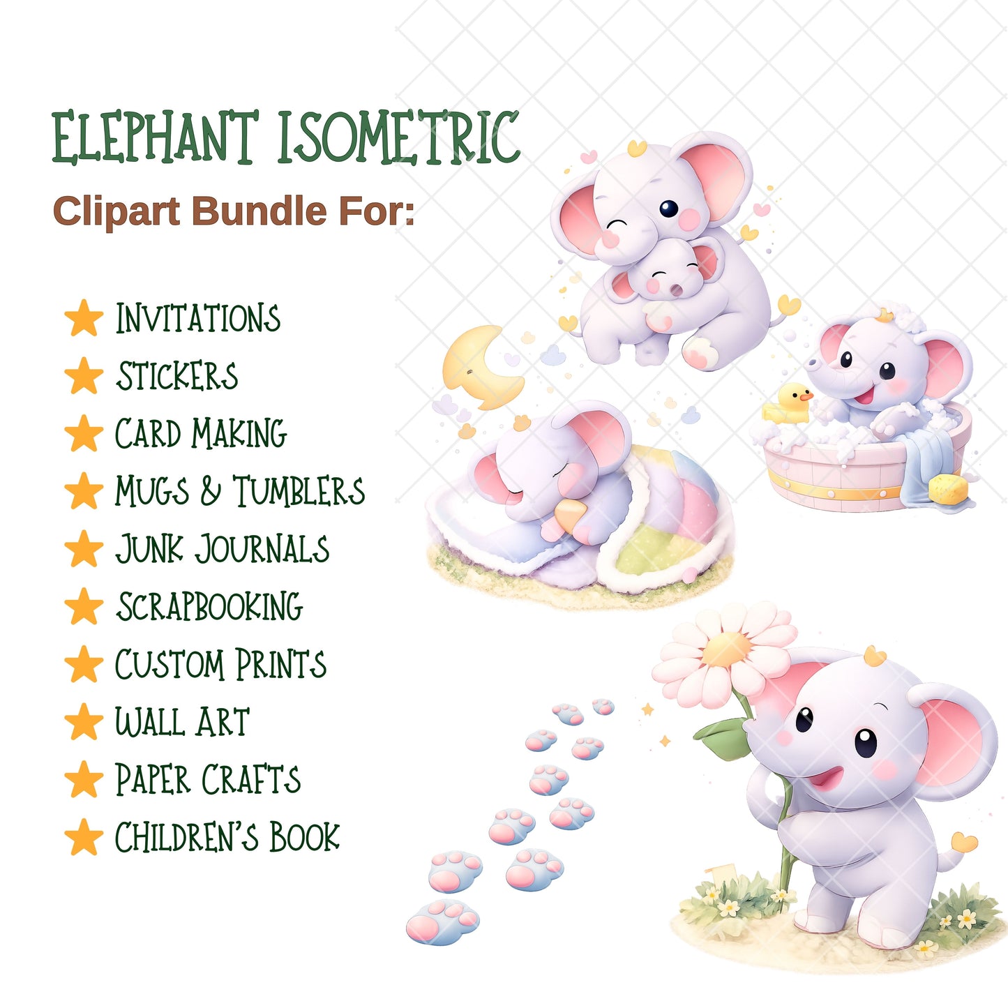 Cute Elephant Clipart PNG Bundle – 50 Baby Elephant 3D Isometric Graphics for Nursery Decor & Sublimation