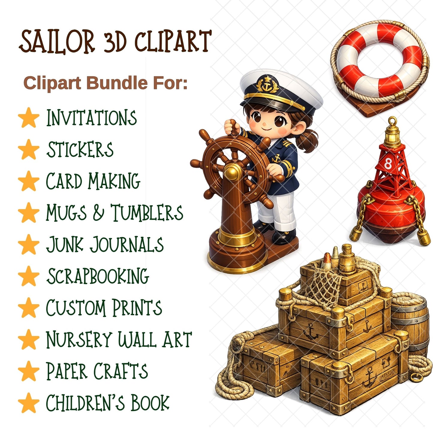 Sailor 3D Clipart PNG Bundle – 48 Nautical Marine Graphics for Kids Crafts & Party Decor
