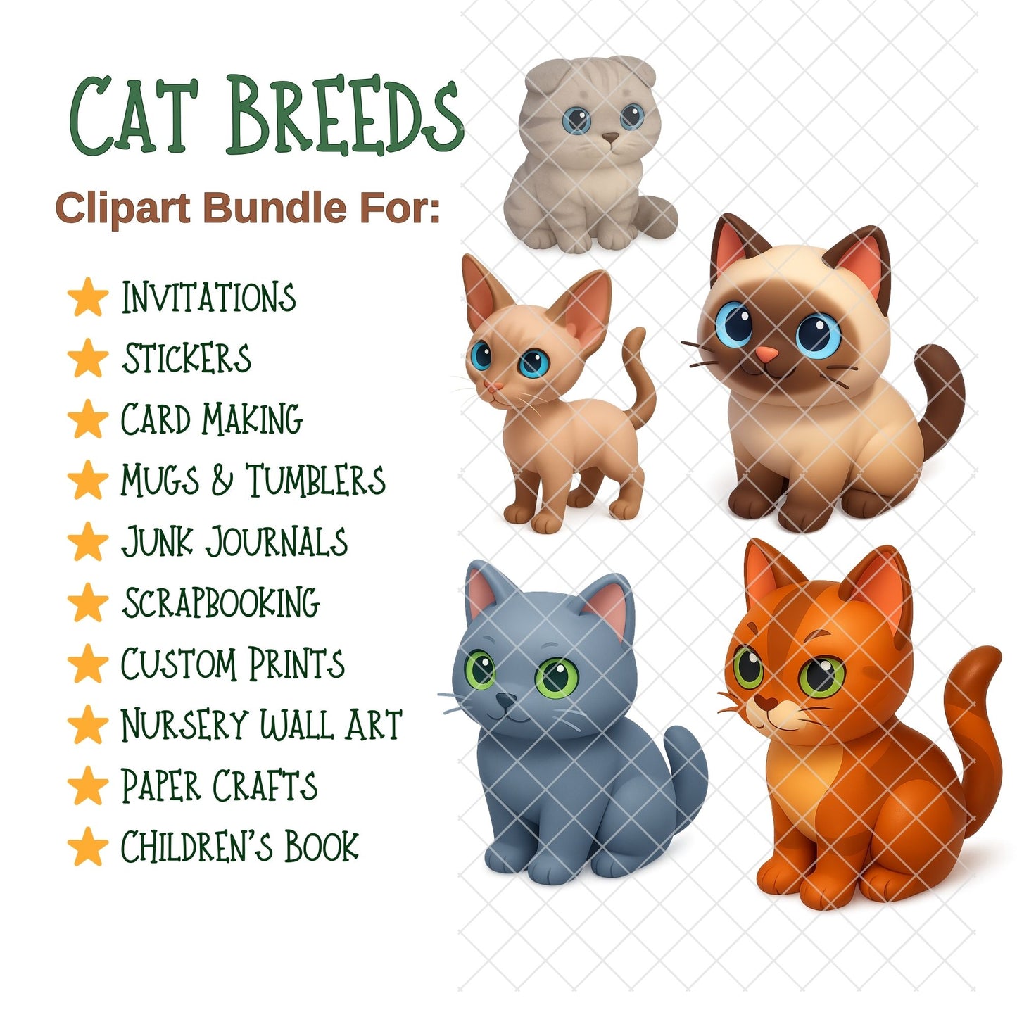 Cat Breeds 3D Isometric Clipart PNG Bundle – 50 Cute Cat Sticker Graphics (Persian, Siamese, Maine Coon & More)