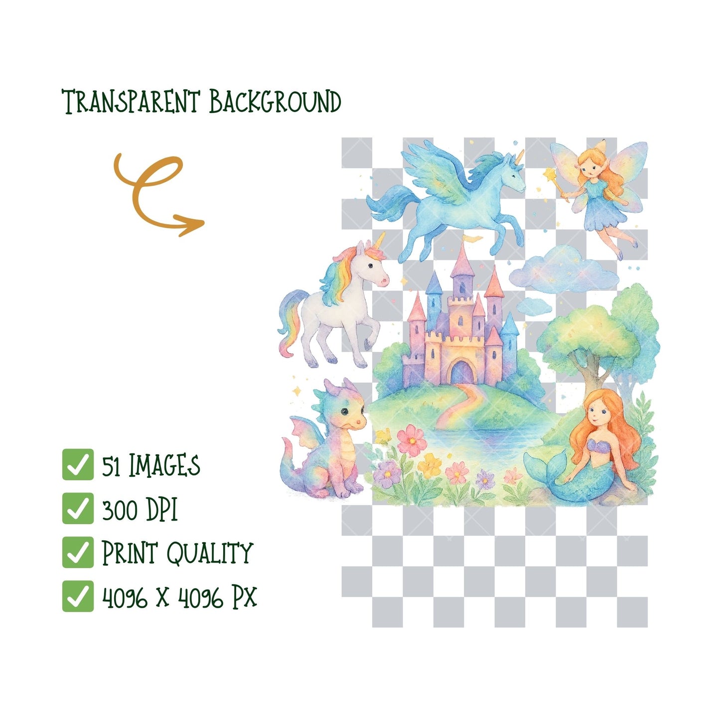 Fairytale Watercolor Clipart PNG | Magical Creatures Fantasy Set | Unicorn Mermaid Fairy Dragon Art | Kids Crafts | Commercial Use