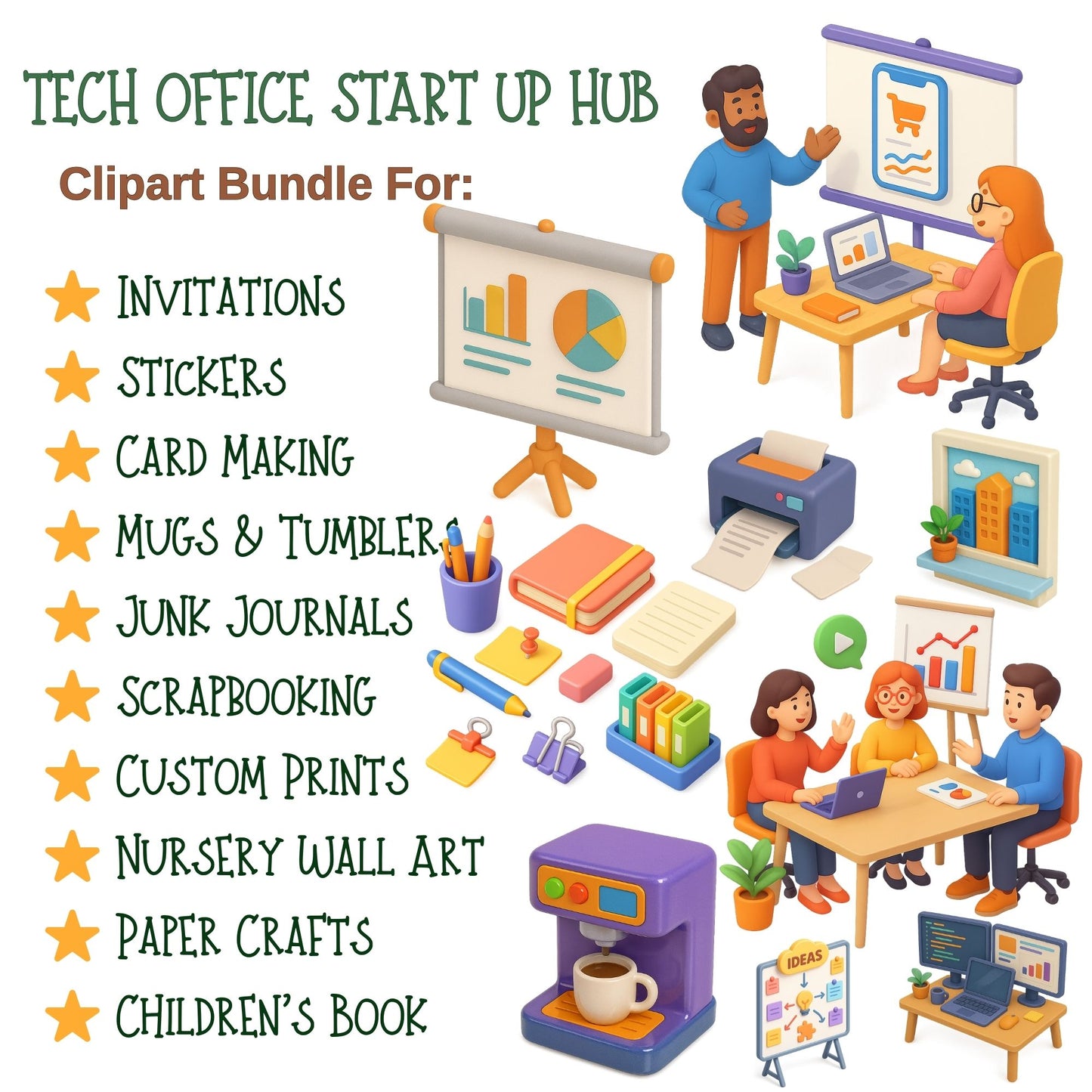 Tech Office Watercolor Clipart – Startup Workspace PNG Bundle | Business, Coding, Remote Work (60 Files)