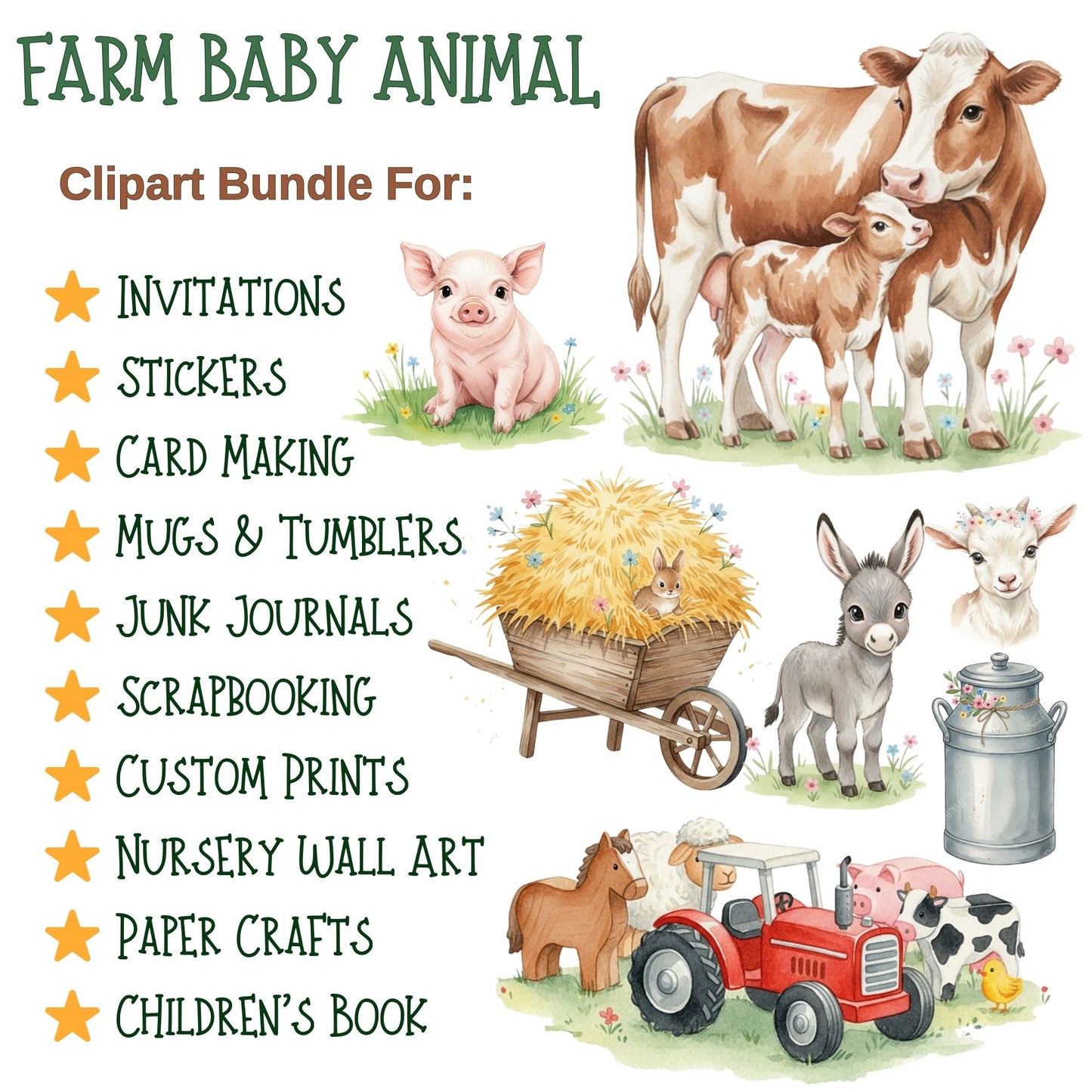 Farm Baby Animals Watercolor Clipart – Tractor & Cute Farm Animal PNG Bundle for Nursery & Kids (50 Files)