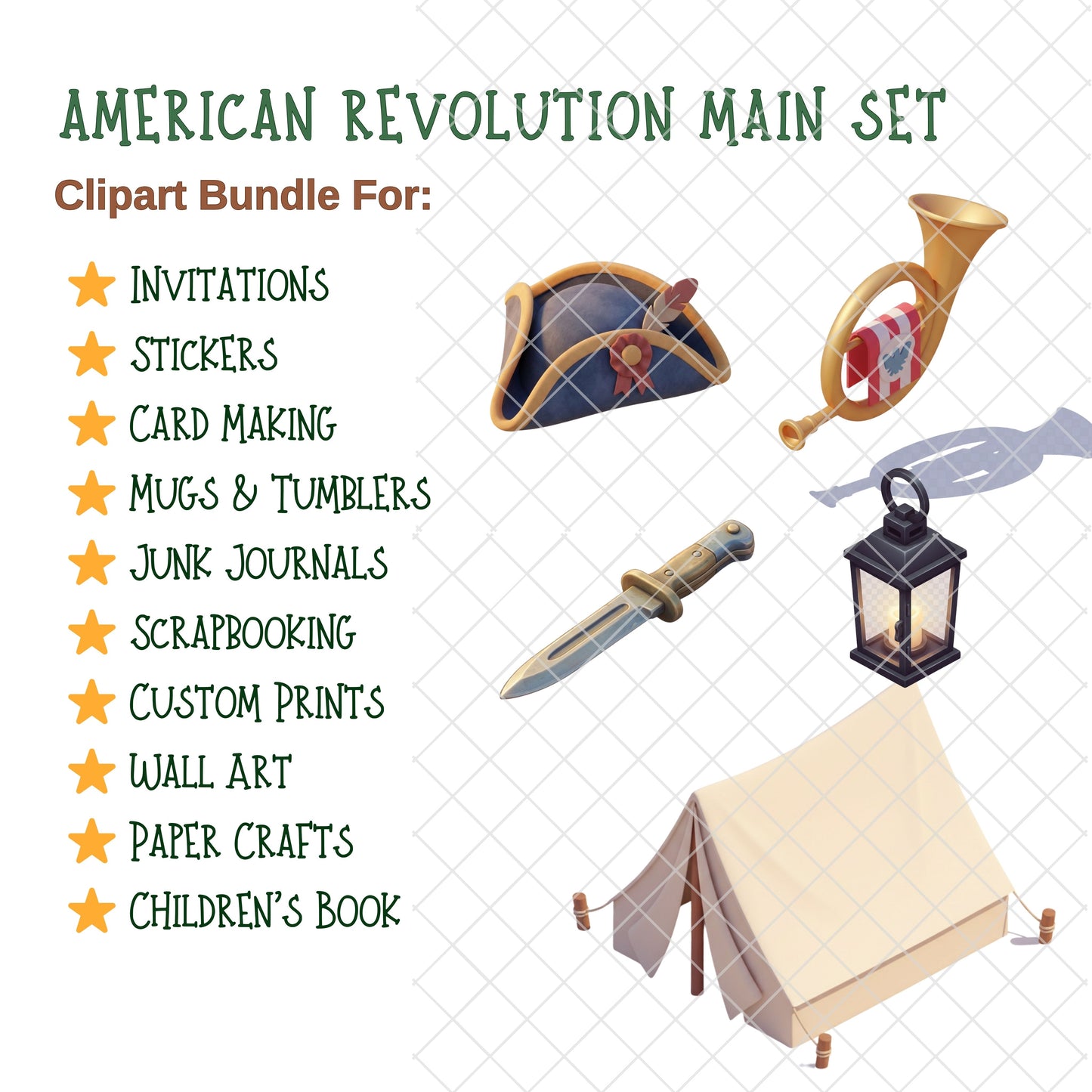 American Revolution 3D Clipart PNG Bundle – 55 Colonial War & US Independence Graphics for History Classroom