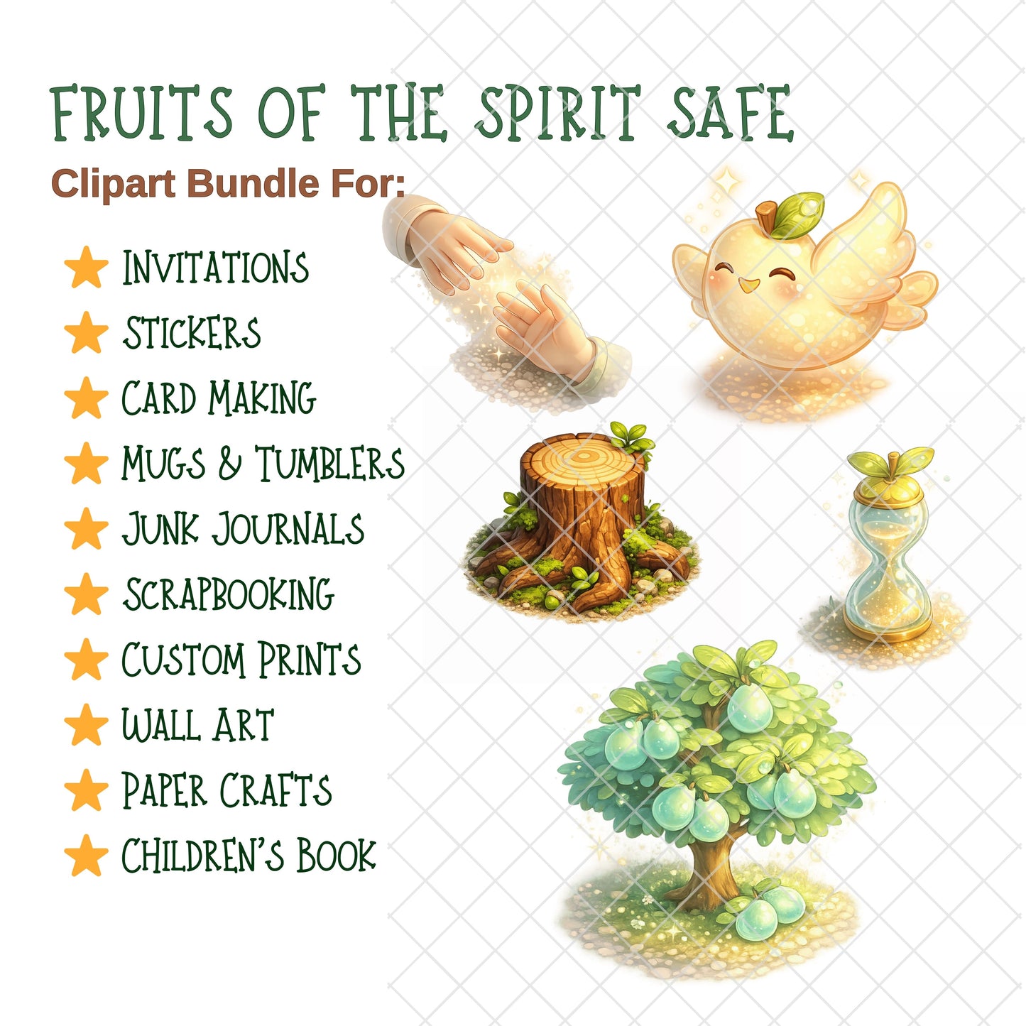 Fruits of the Spirit Clipart PNG Bundle – 60 Kawaii Christian Graphics for Bible Journaling & Sunday School