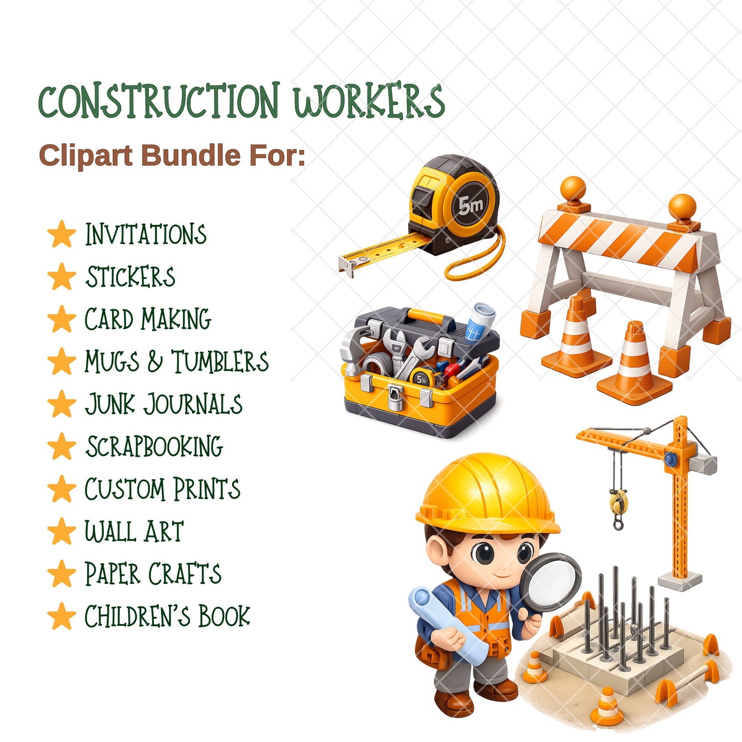 Construction Worker PNG Clipart, Builder Tools & Trucks, Cute Construction Graphics, Kids Crafts, Planner Stickers, Commercial Use, 50 PNG