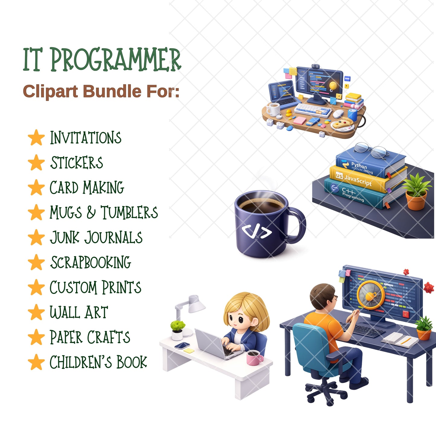 IT Programmer Clipart Bundle, Coding PNG Files, Developer & AI Graphics, Tech Icons, Commercial Use Digital Download, 48 PNG
