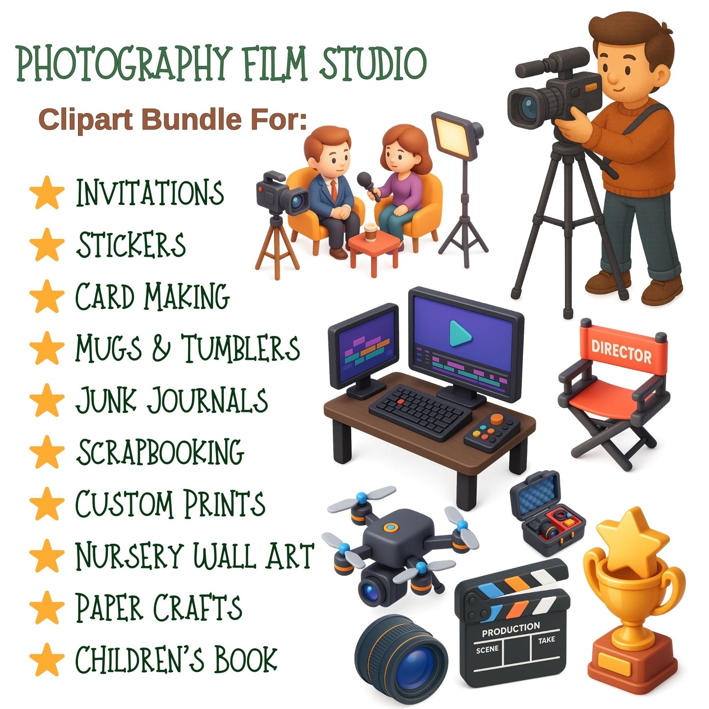 Photography & Film Studio Clipart – 3D Movie Maker PNG Bundle | Cameras, Lighting, Director Gear (60 Files)