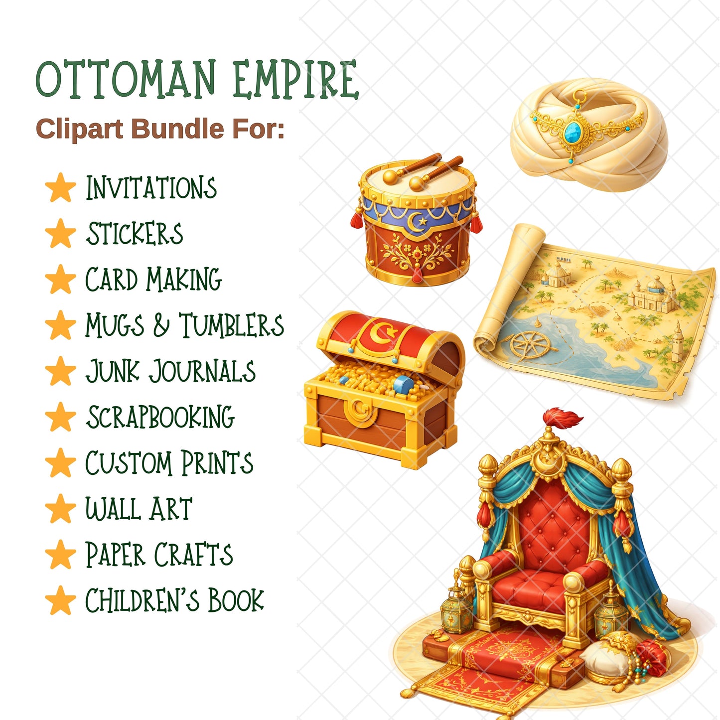 Ottoman Empire PNG Clipart Bundle, Turkish Sultan & Warrior Art, Medieval Castle Camel Market Graphics, Islamic History, Commercial Use, 55 PNG