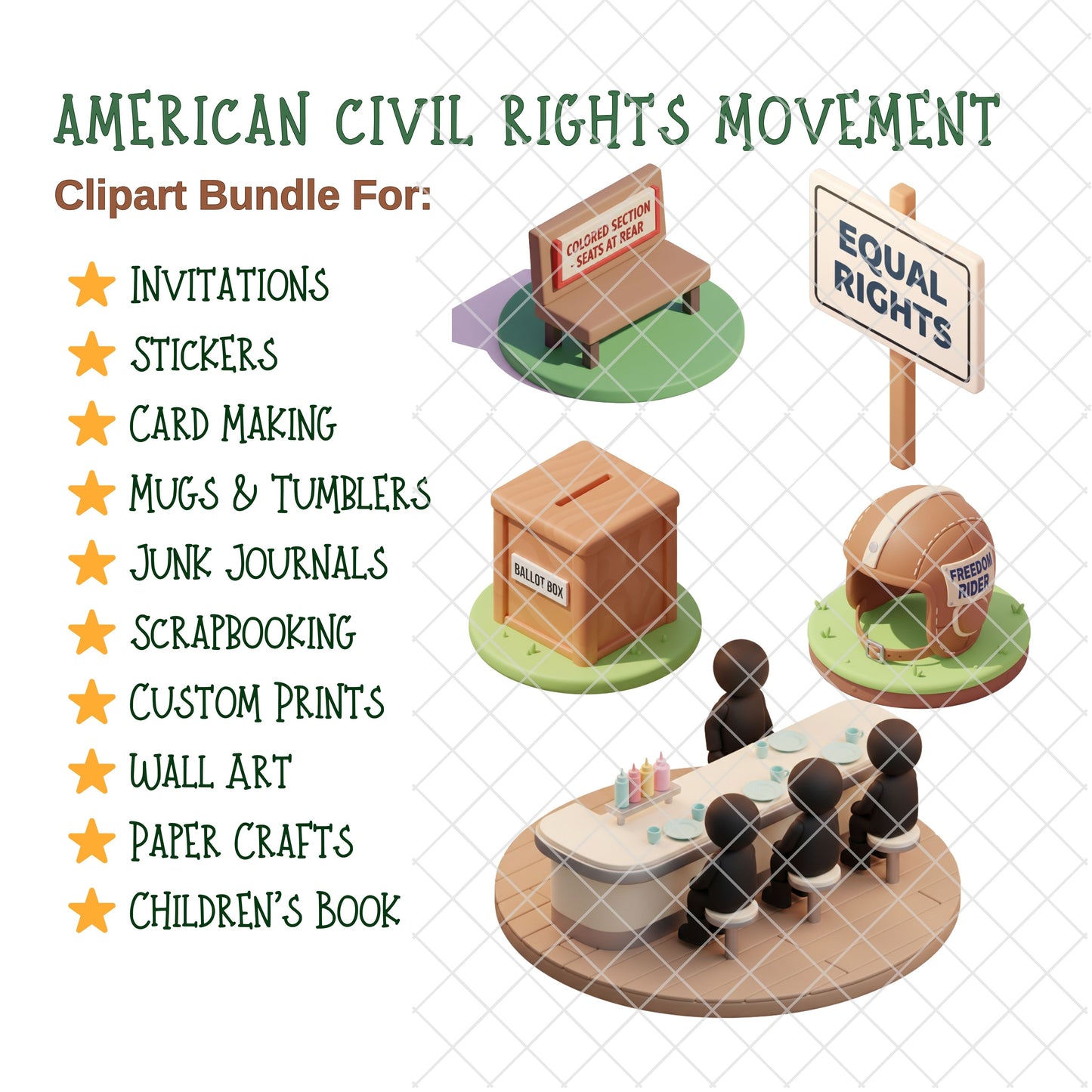 American Civil Rights 3D Clipart PNG Bundle – 54 Equality & Justice History Graphics for Education
