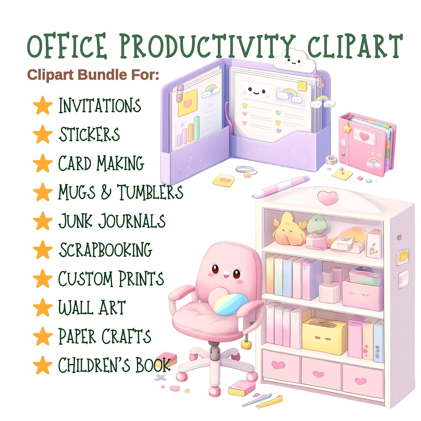 Pastel Office Clipart Bundle – 3D Kawaii Desk & Planner PNGs (58 Files) – Cute Productivity Tools, Digital Planner Graphics, Small Business Branding