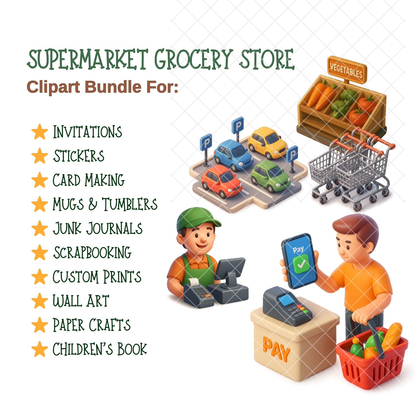 Supermarket Grocery Store Clipart – 60 3D PNG Files | Shopping Cart, Cashier, Food & Market Scenes
