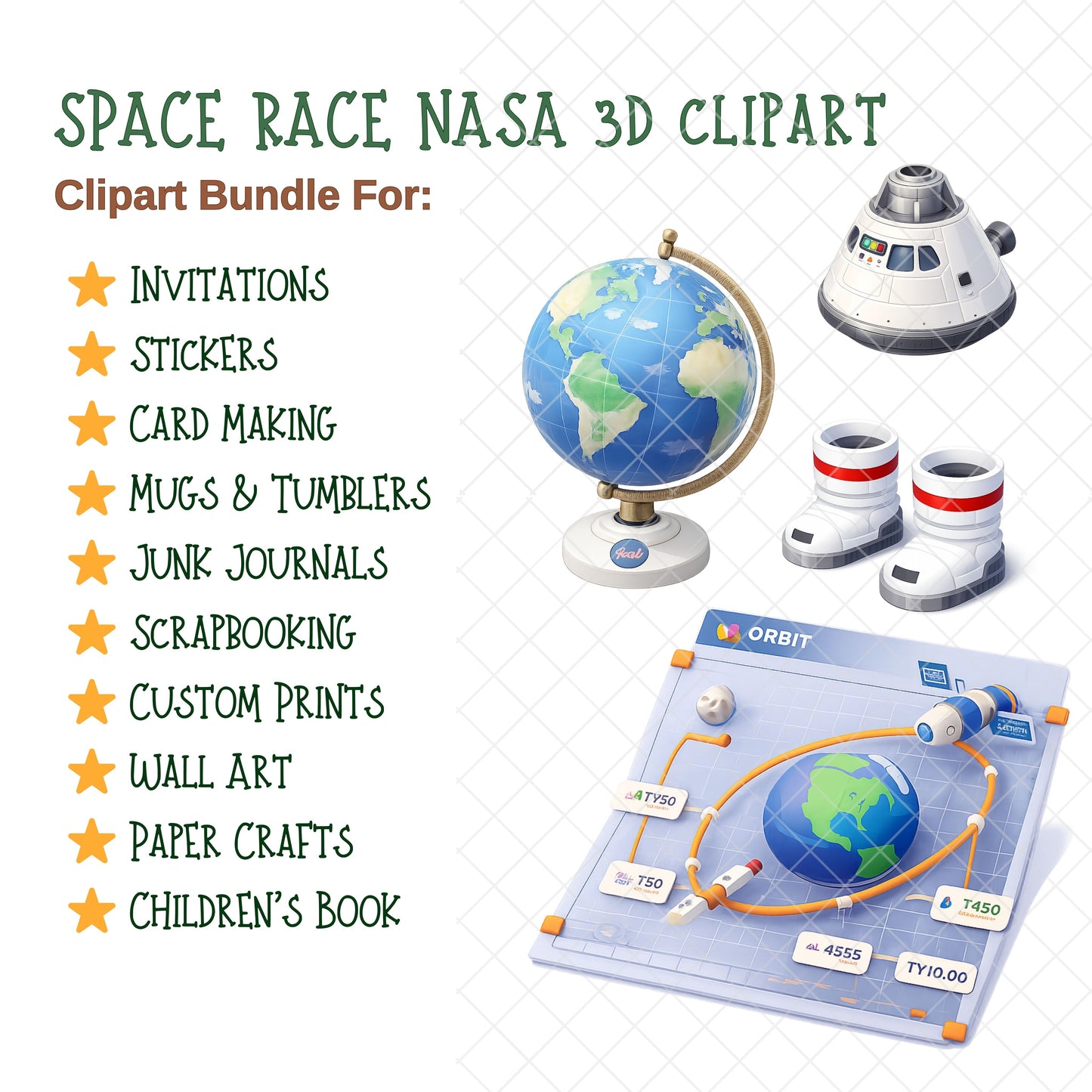Space Race Clipart Bundle – 3D Astronaut & Rocket PNG, NASA Space Graphics, STEM Classroom Art, Satellites & Moon Lander, 53 PNG