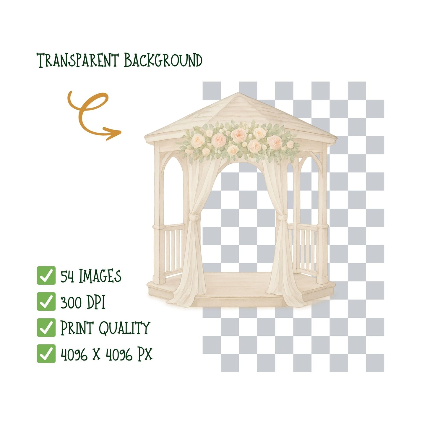 Watercolor Wedding Clipart Bundle, Romantic Bride Groom PNG, Wedding Decor Flowers Rings Cake Arch Set (54 PNG)