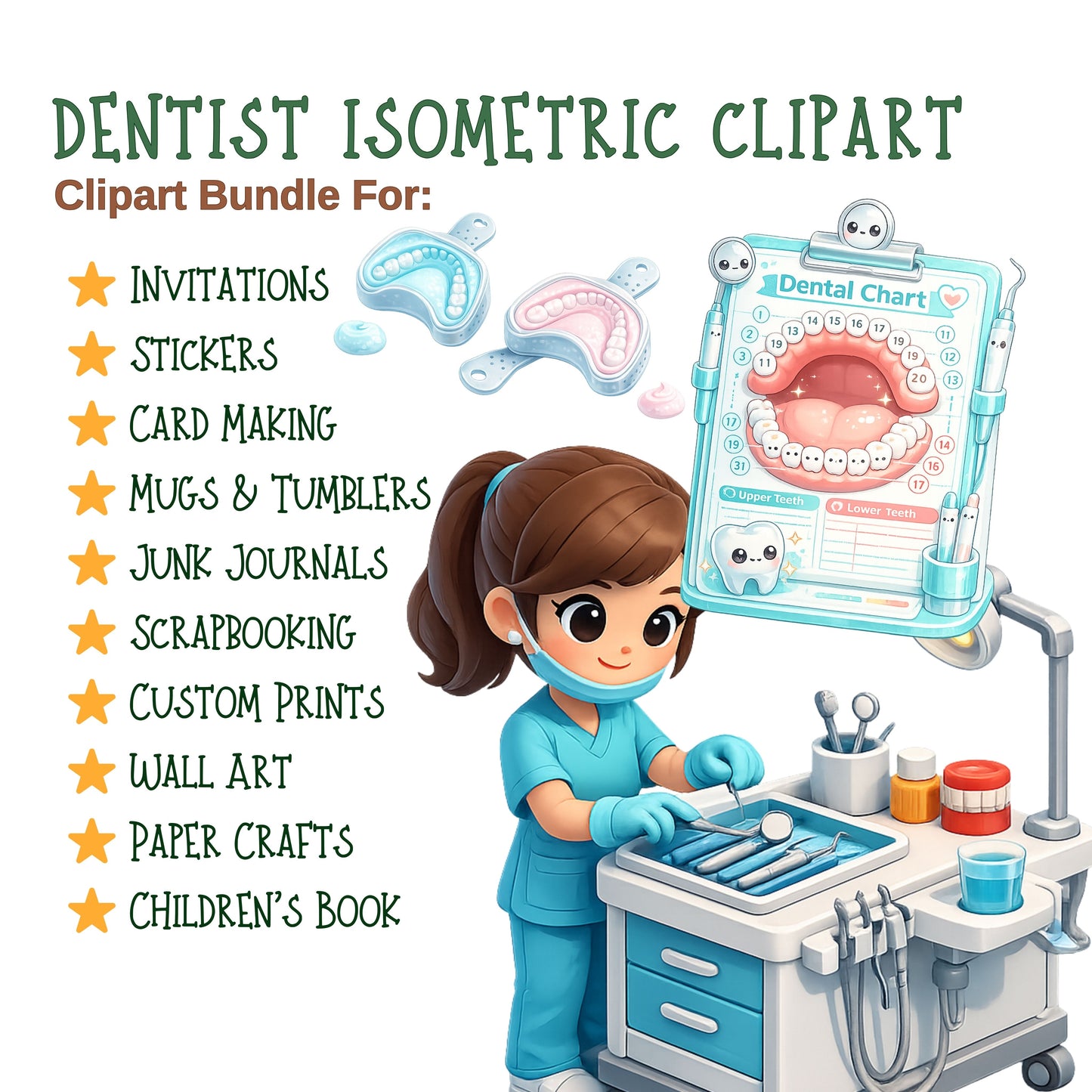 Dentist 3D Clipart Bundle – Dental Tools & Kids Dentist PNG (49 Files) – Oral Health Graphics, Classroom & Dental Office Decor