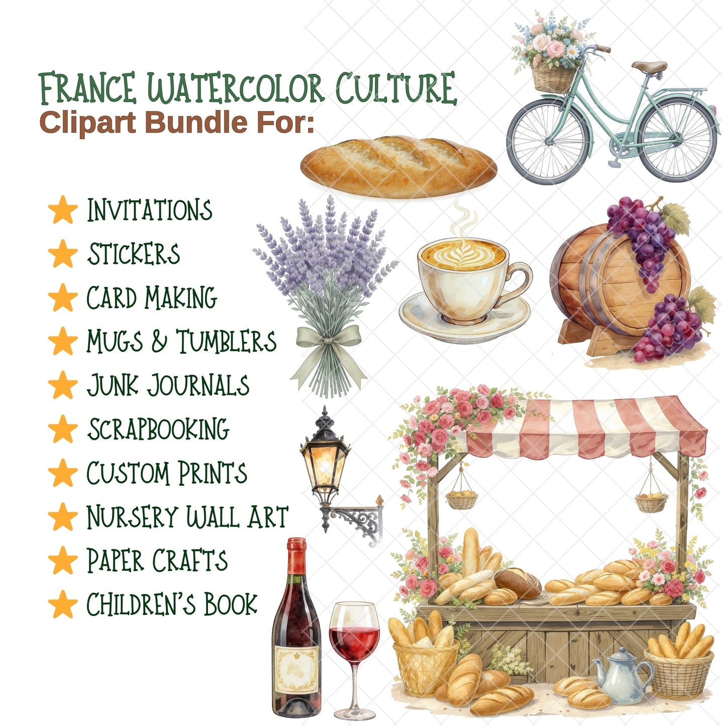 France Watercolor Clipart Bundle – Paris Culture PNG, Eiffel Tower, French Food & Landmarks for Journals, Crafts & Branding, 50 PNG