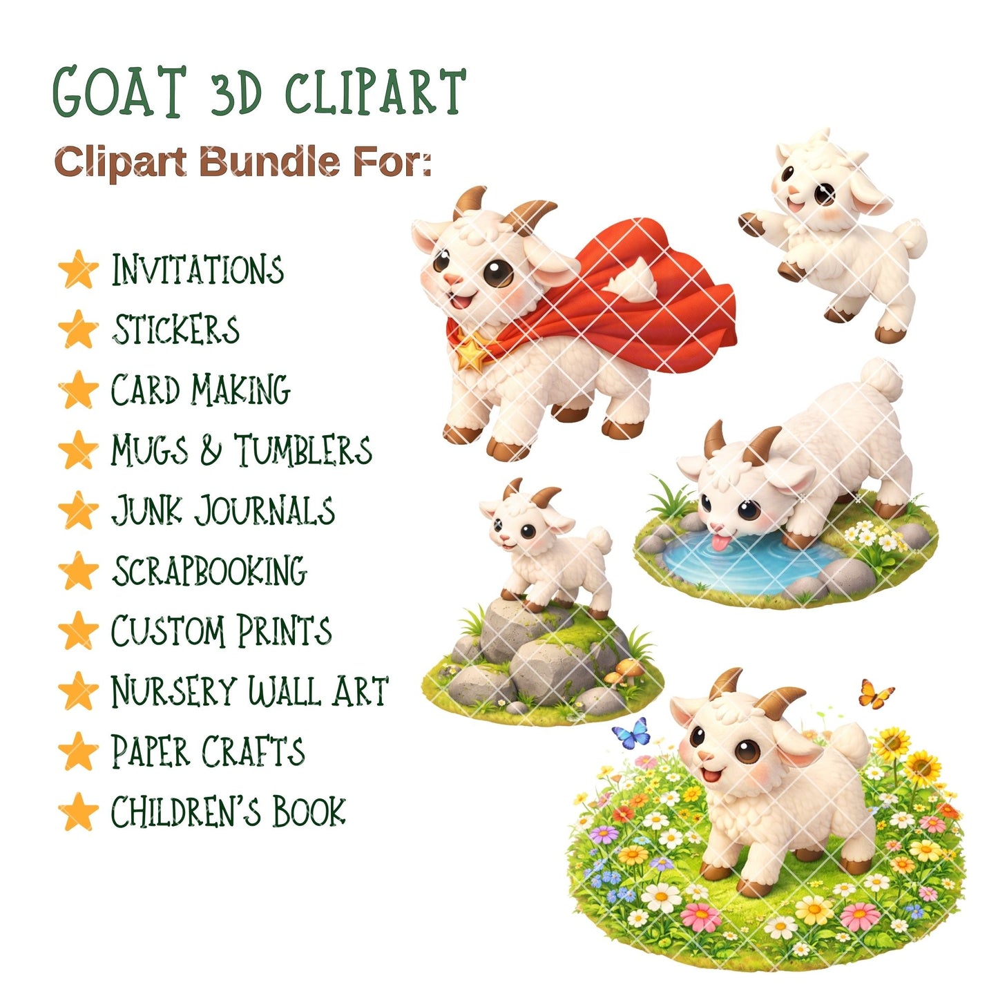 Goat 3D Clipart – 41 Baby Goat PNG Files – Cute Farm Animal Nursery Graphics for Sublimation & Kids Crafts