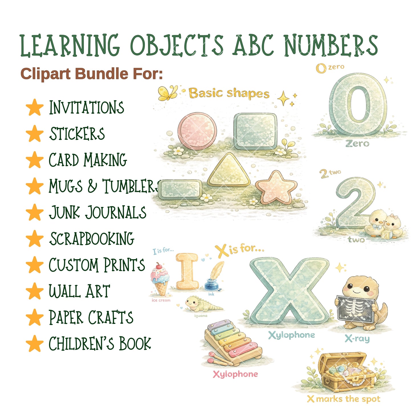 ABC Numbers Learning Clipart – 55 PNG Alphabet & Counting Objects | Preschool Worksheets, Flashcards, Classroom Posters