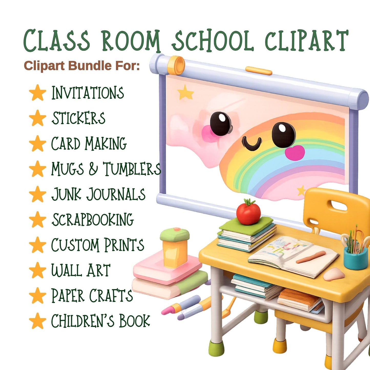 Classroom School 3D Clipart PNG Bundle – 50 Educational Tools, Desk Supplies & Math Icons