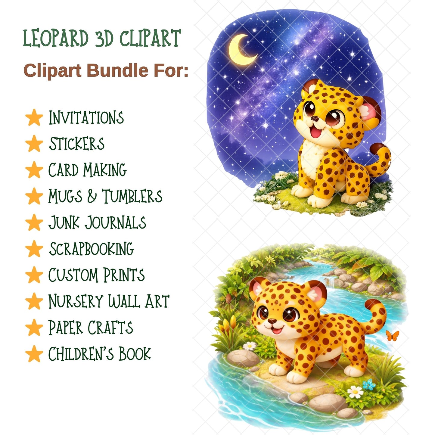 Cute Leopard 3D Clipart – 40 Baby Leopard PNGs – Jungle Nursery Animal Graphics for Sublimation & Kids Crafts