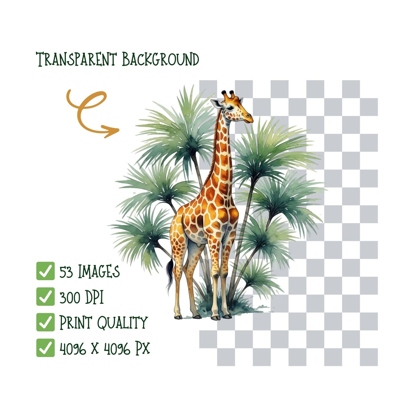 Giraffe Watercolor Clipart PNG | Safari Animal Clipart | Baby Giraffe Nursery Art | Safari PNG Set | Commercial Use