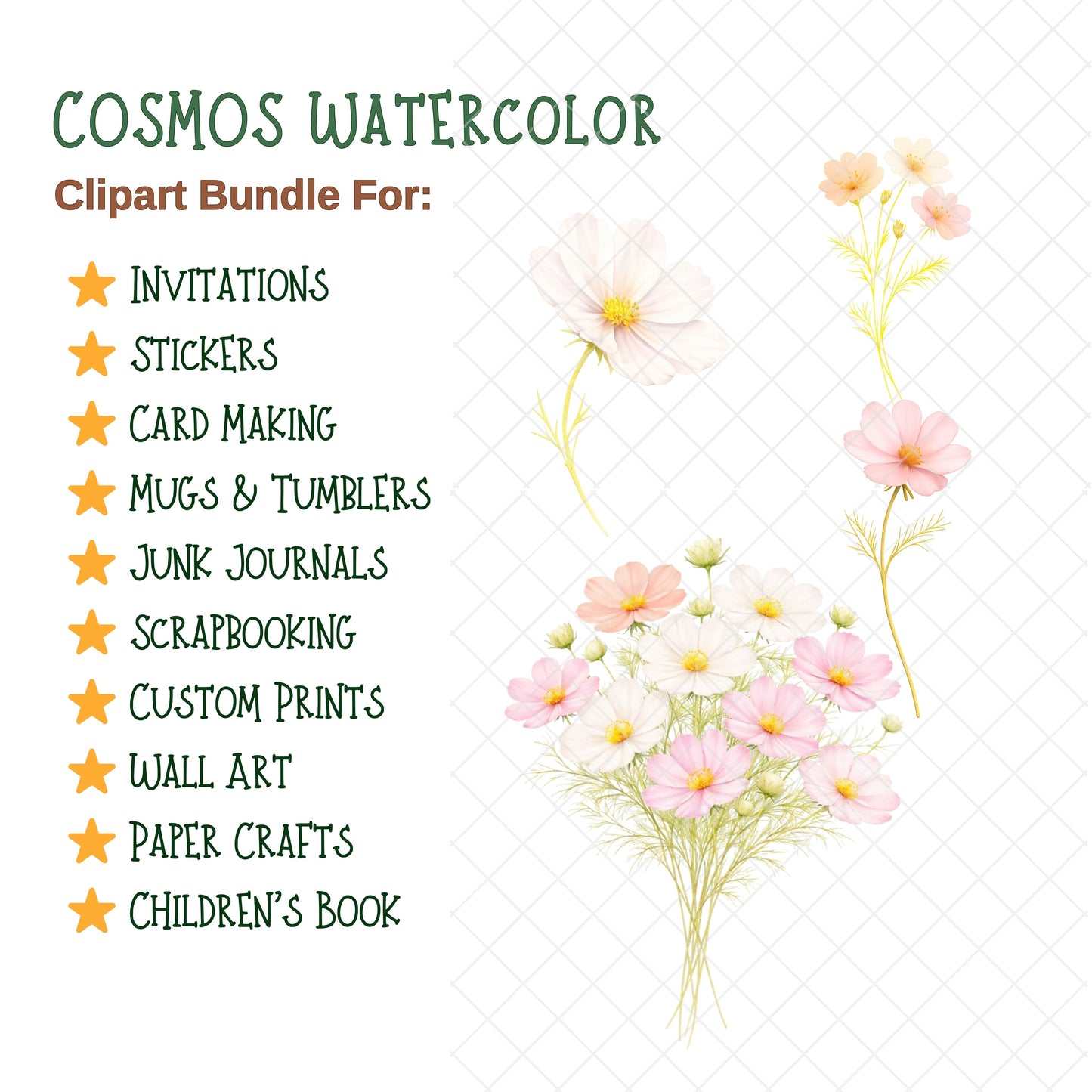 Cosmos Watercolor Clipart – Pastel Flower PNG Bundle (55 Files) – Wedding Florals, Journal & Stationery Graphics