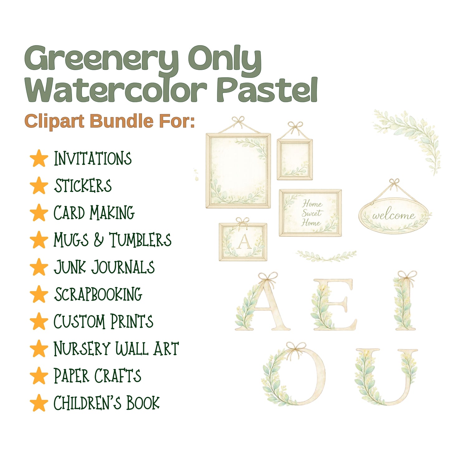 Greenery Clipart – 55 Watercolor Botanical Leaves PNG – Eucalyptus Wedding & Minimal Floral Graphics