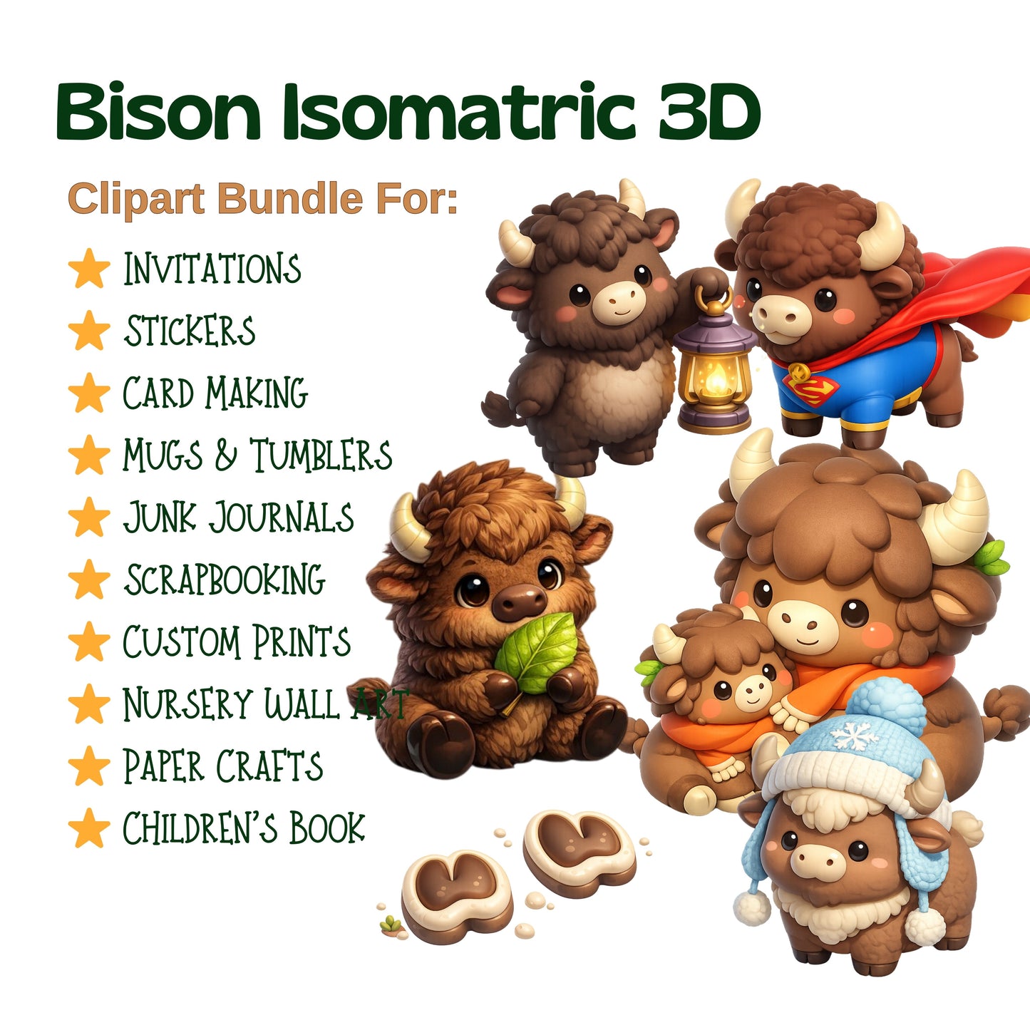 Bison Clipart Bundle – 3D Isometric Woodland PNGs (40 Files) – Cute Buffalo, Forest Animals & Fall Graphics