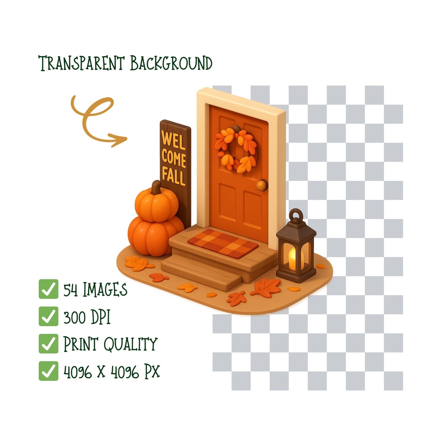 Autumn Decor Clipart | Harvest Fall PNG | Pumpkins Porch Decor | 3D Cozy Autumn Clipart | 54 PNG Digital Download