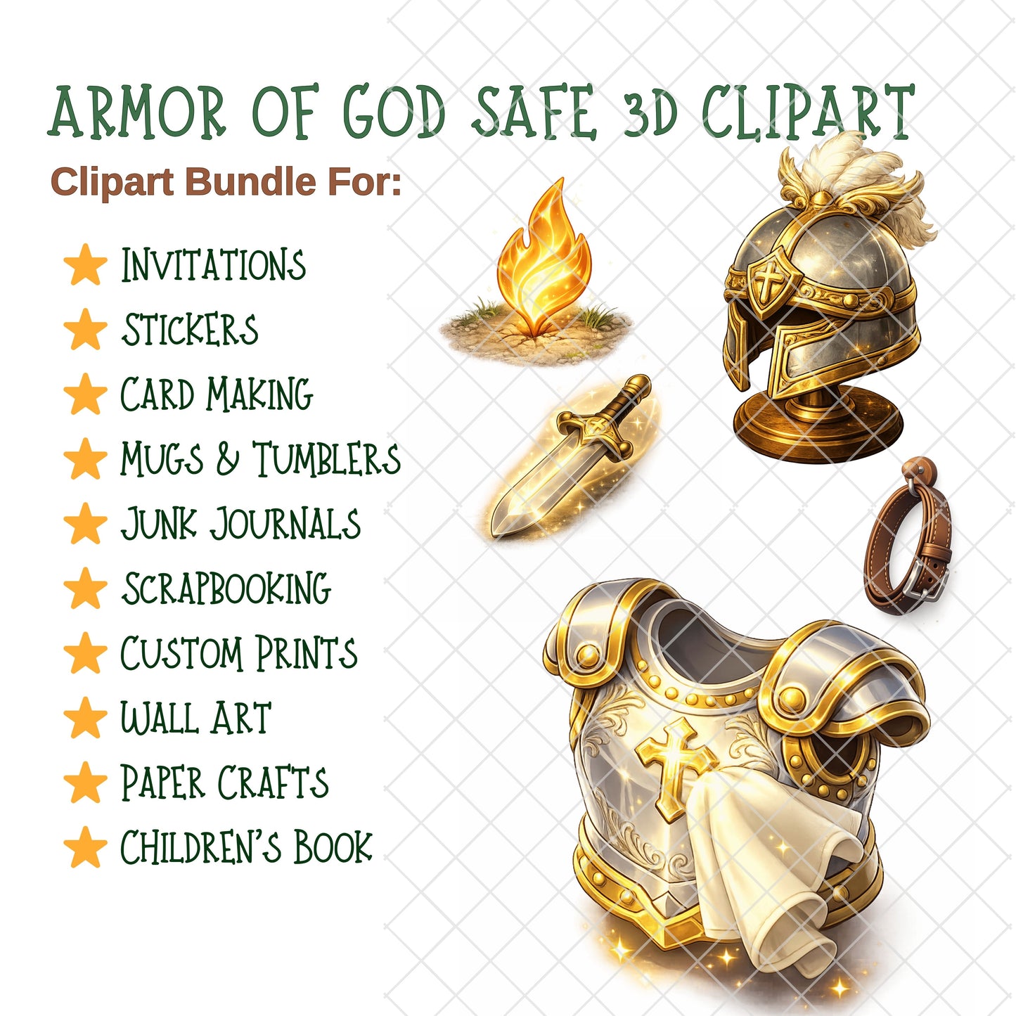 Armor of God 3D Clipart PNG Bundle – 60 Christian Graphics from Ephesians 6 for Sunday School & Bible Teaching