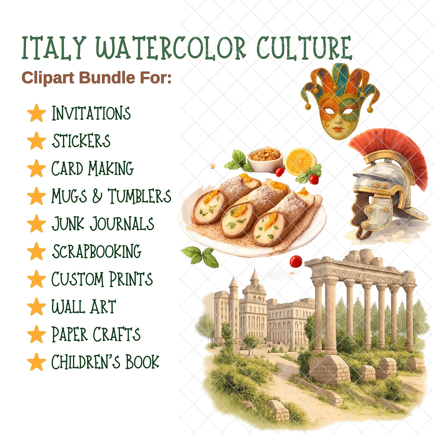Italy Clipart – 50 Watercolor Italy PNG Files – Italian Food, Landmarks & Travel Graphics